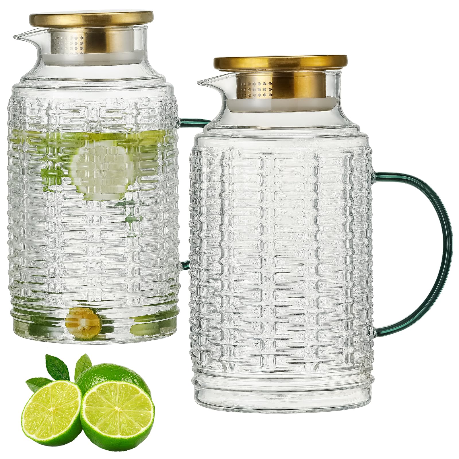 Glass Pitcher with Lid, 2 PACK 68 oz/2 Liter Vintage Water Pitcher, Clear Borosilicate Glass Water Carafe for Cold Brew, Coffee, Lemonade, Iced Sun Tea,Beverage, Milk, Heat Resistant