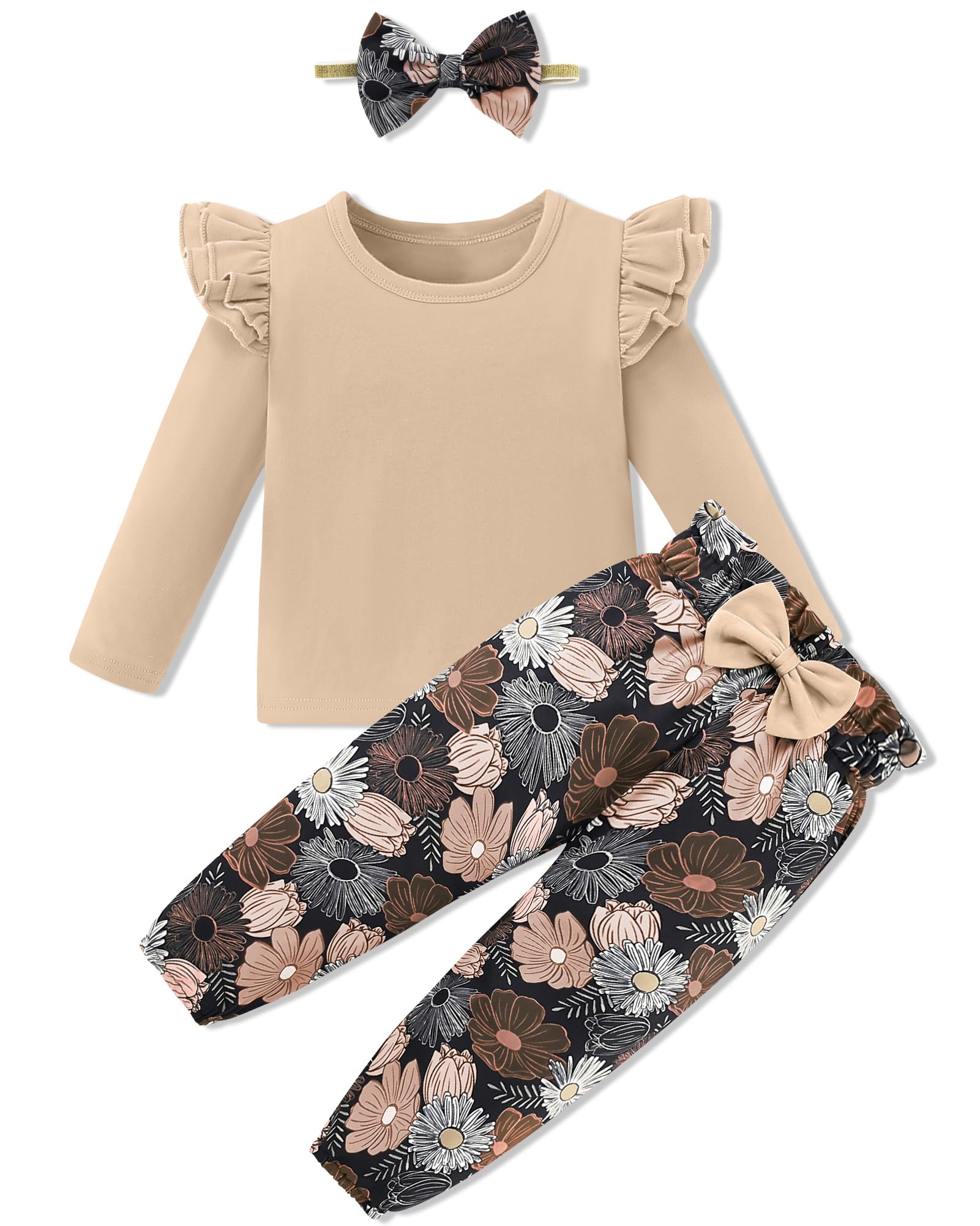 SANMIO Toddler Girl Clothes Outfits Cute Ruffle Sleeve Shirt Floral Pant+Headband 3Pcs Baby Girl Clothing Set 1-6T