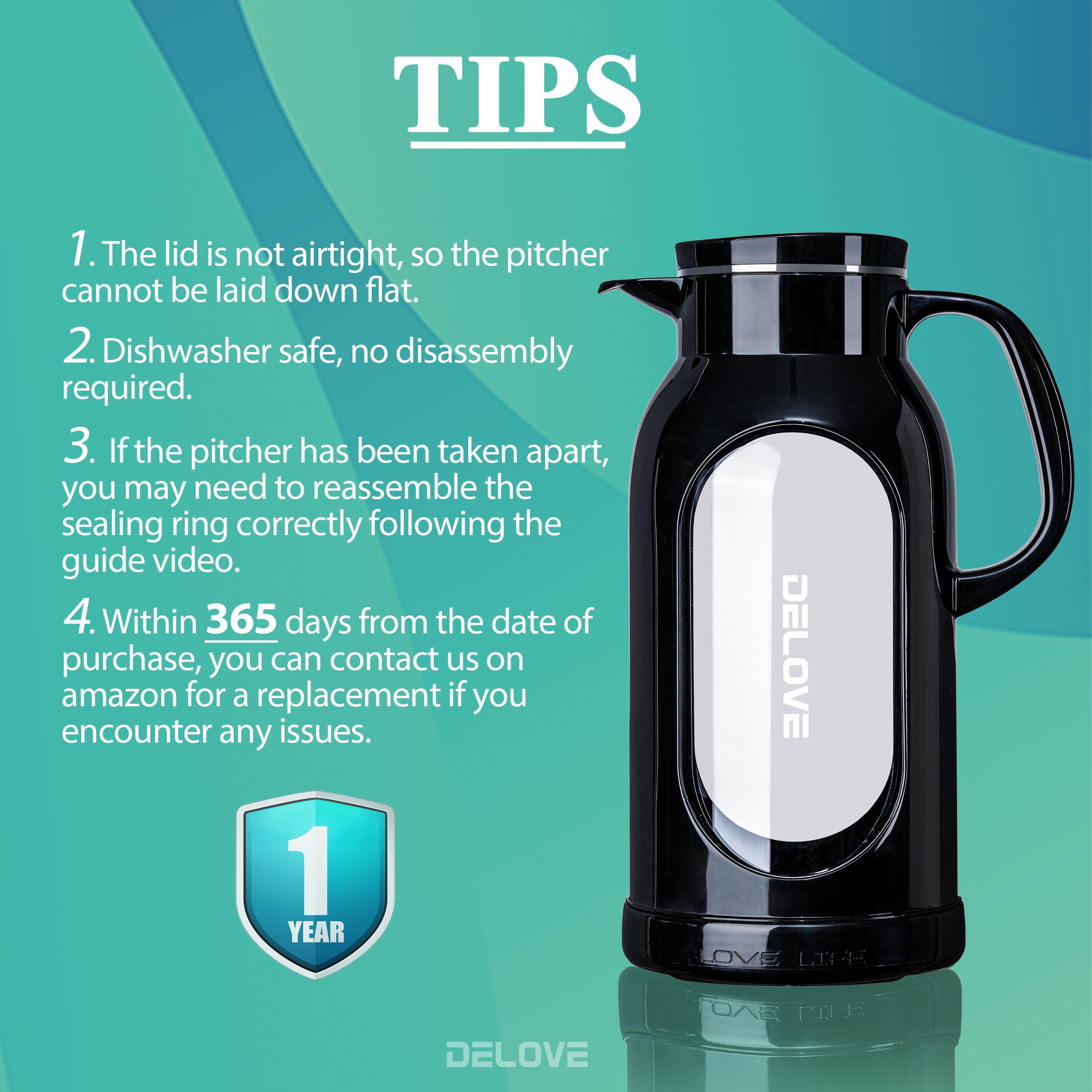 Delove 68 oz/2 Liter Glass Pitcher with Shatterproof Shell - Heat Resistant Glass Liner - Stainless Steel Lid - Carafe & Jug for Iced Tea,Hot/Cold Water,Homemade Juice Beverages (Black)