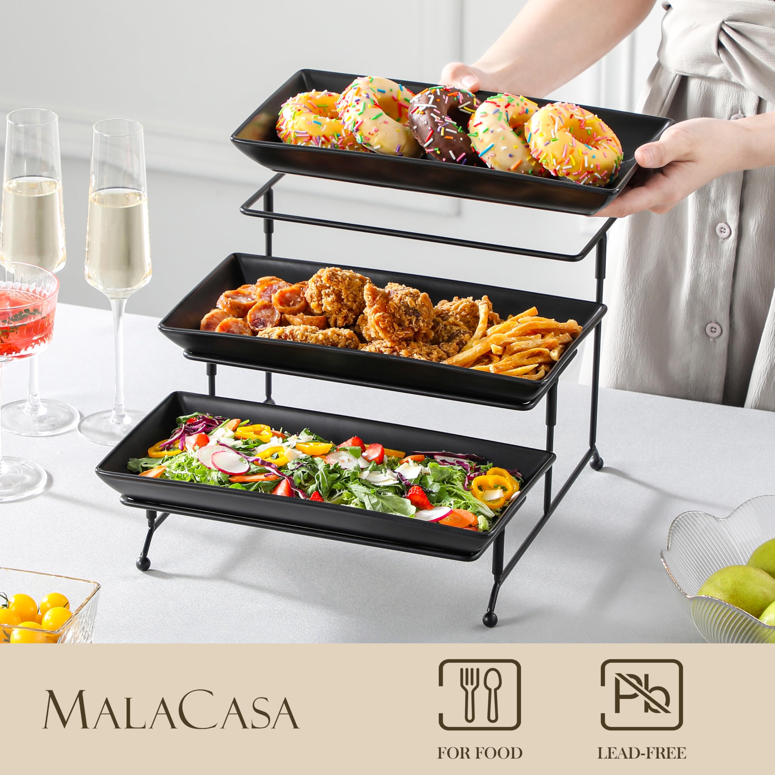 MALACASA 3 Tier Serving Trays for Party, Porcelain Serving Platters and Trays, 12 Inch Tiered Tray Stand, Fruit Tray, Trays for Serving Food, White Dessert Stand with Collapsible Sturdier Metal Rack