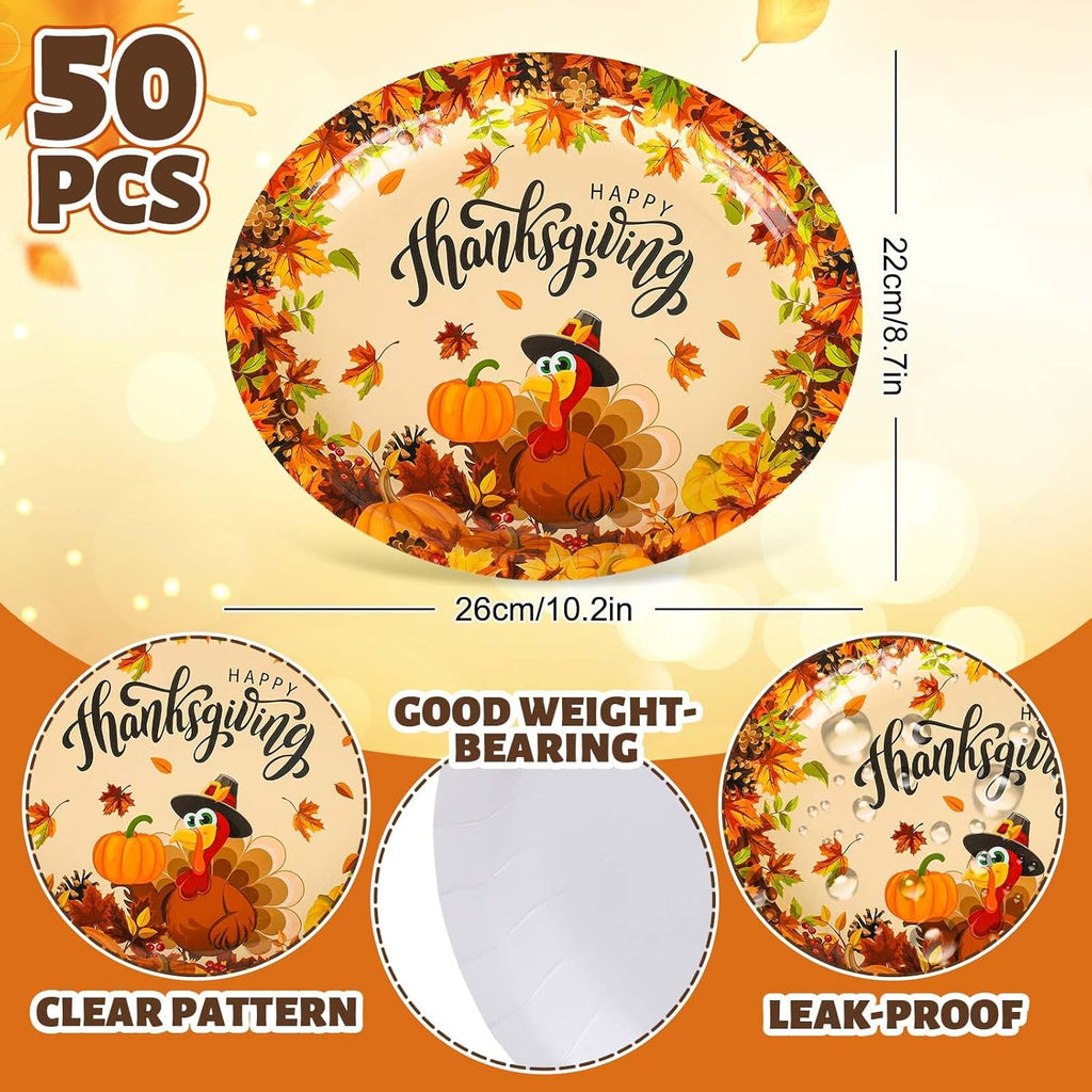 50Pcs Thanksgiving Oval Paper Plates Turkey Pumpkin Pattern Disposable Plates Large Decorative Tableware for Fall Autumn Harvest Party Decor Supplies