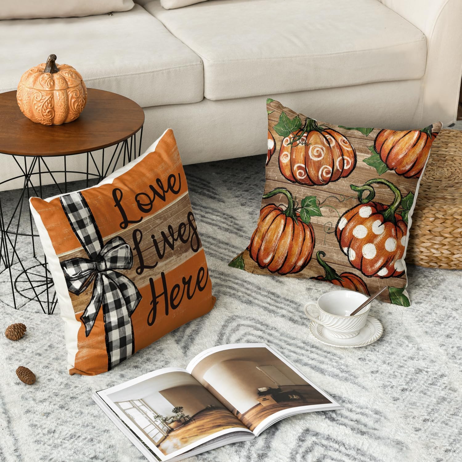 AVOIN colorlife Fall Pumpkin Home Sweet Home Thanksgiving Throw Pillow Covers, 18 x 18 Inch Love Lives Here Autumn Harvest Stripes Polka Dots Give Thanks Decorations for Sofa Couch Set of 4