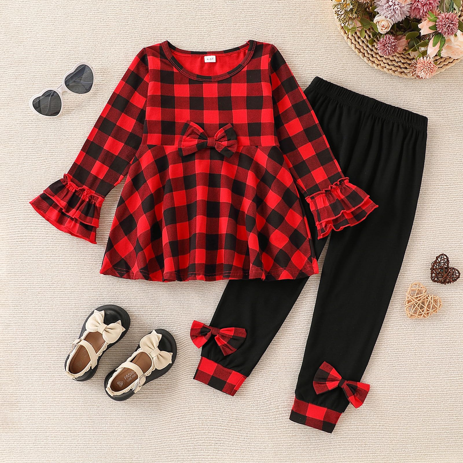 Toddler Girl Clothes Ruffle Long Sleeve Heart Print Tops and Pants 2PC Little Girl Winter Outfits Size (4-7T)