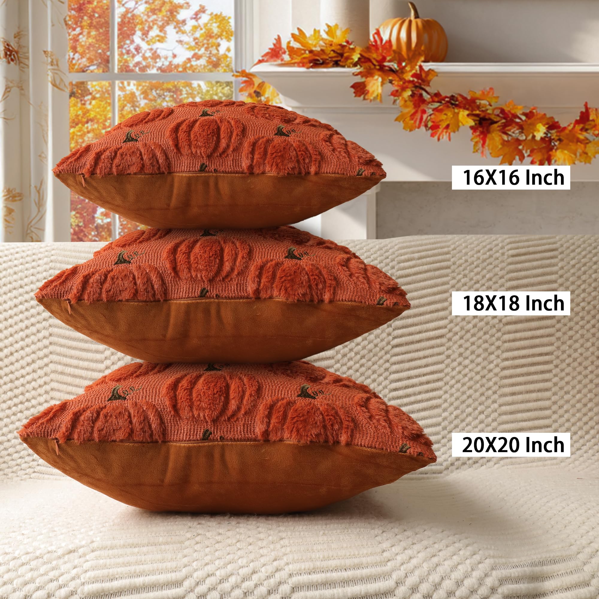 4TH Emotion Fall Pumpkins Decorative Pillow Covers 18x18 Set of 2, Beige Soft Plush Faux Fur Wool Farmhouse Throw Cushion Cases for Autumn Thanksgiving Holiday Home Decorations