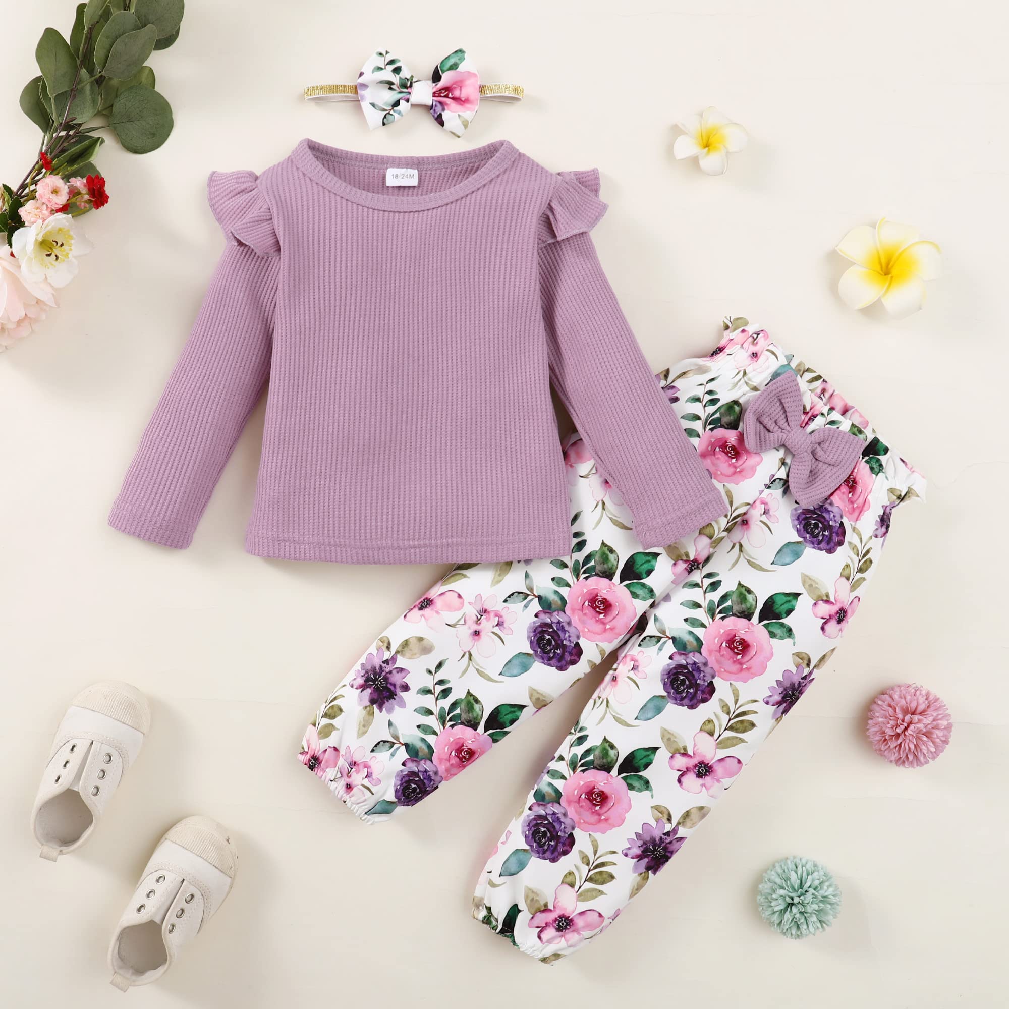 YALLET 3Pcs Toddler Girl Clothes Solid Color Long Sleeves Ruffle Top+Floral Pants+Headband 1-6 Years Fall/Winter Outfits Set