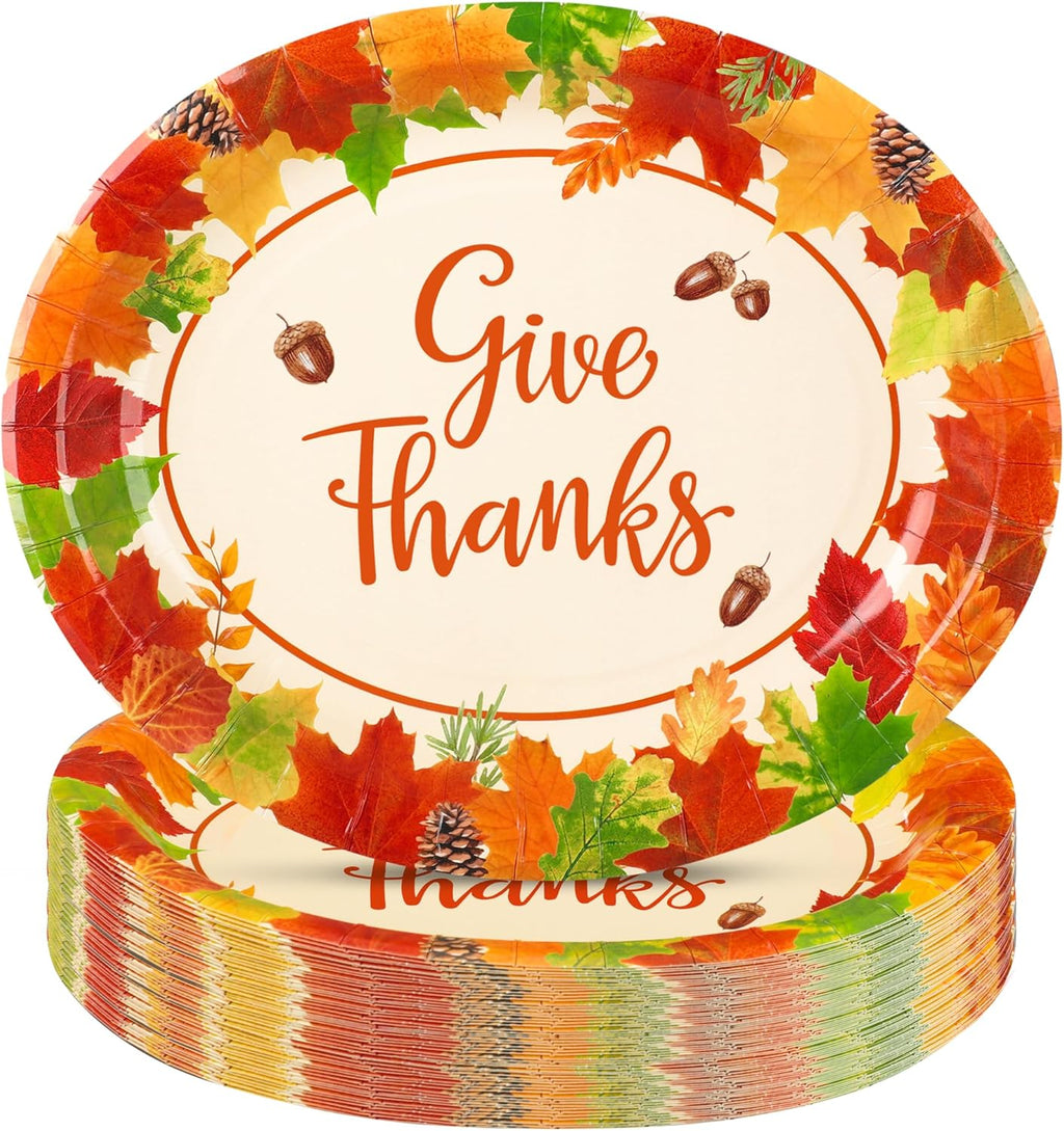 50 Pcs Thanksgiving Oval Plates 10" x 12" Large Give Thanks Party Paper Plates Disposable Fall Maple Leaves Dinner Serving Platters for Fall Autumn Harvest Thanksgiving Party Tableware Supplies