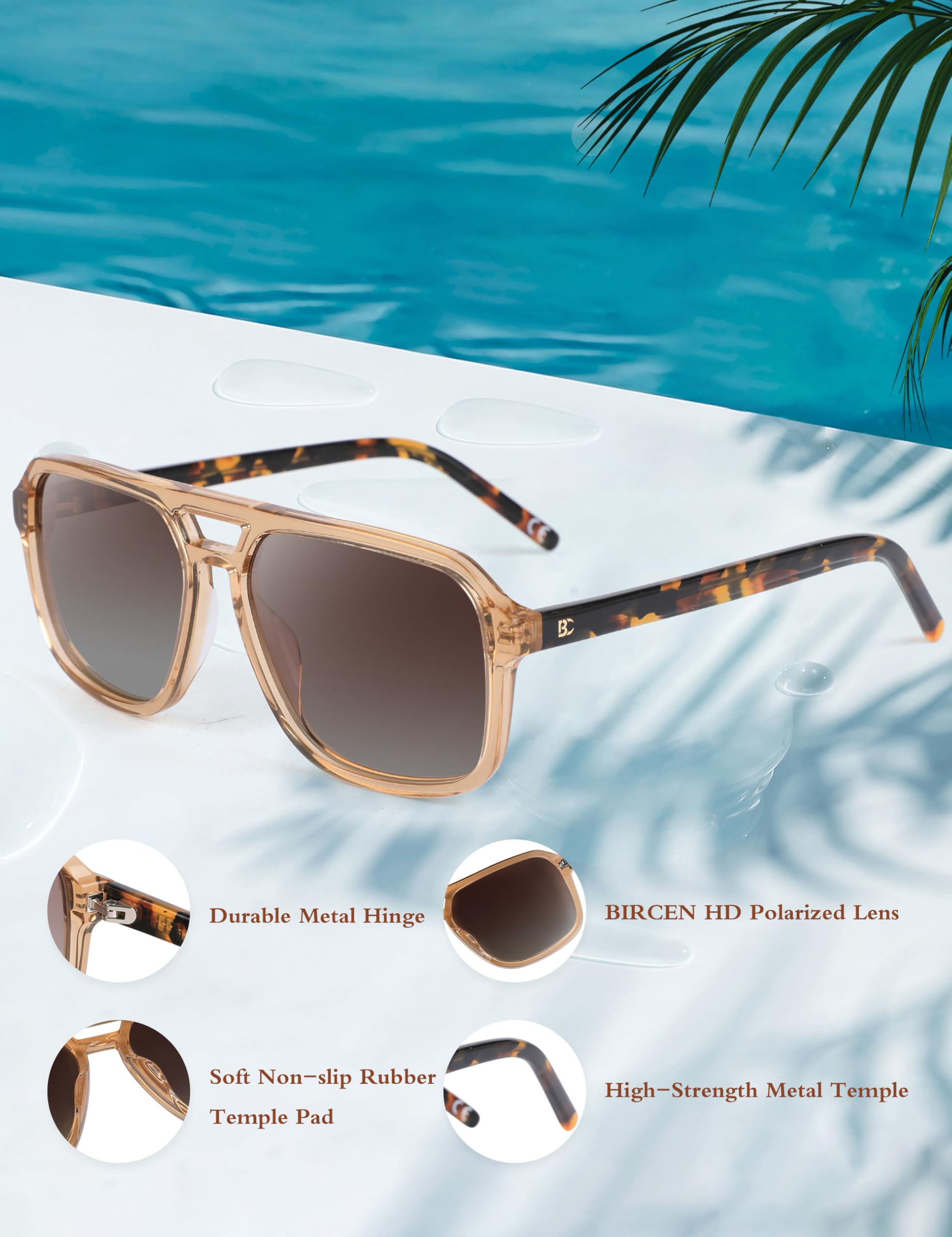 BIRCEN Women Polarized Acetate Sunglasses: Fashion Square Aviator Shades UV Protection for Trendy Laides Travel Beach Outdoor