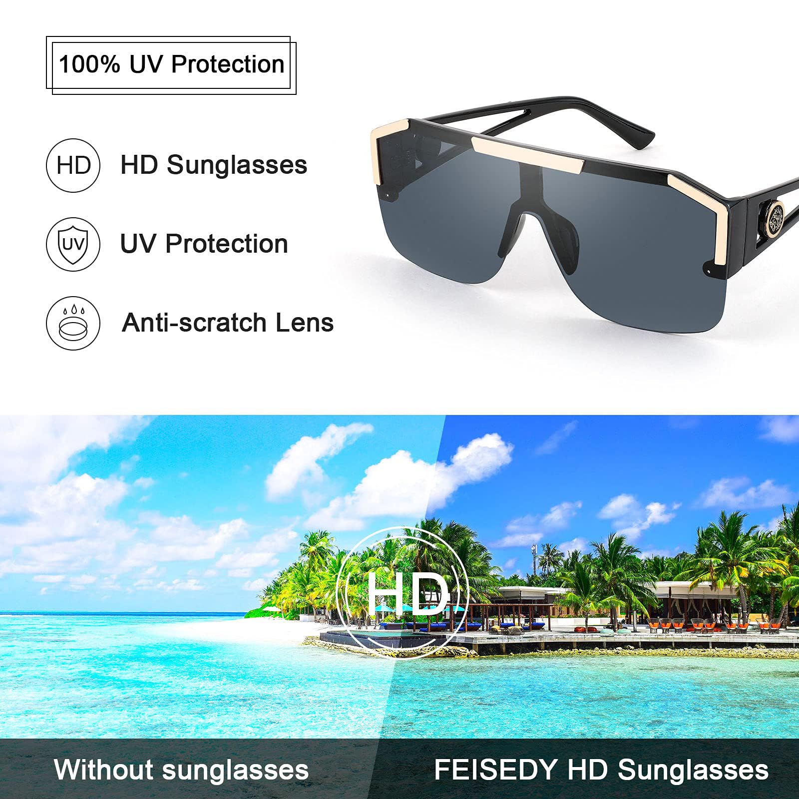FEISEDY Square Oversized Sunglasses for Men Women, Flat Top Shield One Piece Lens Sun Glasses Shades B2765