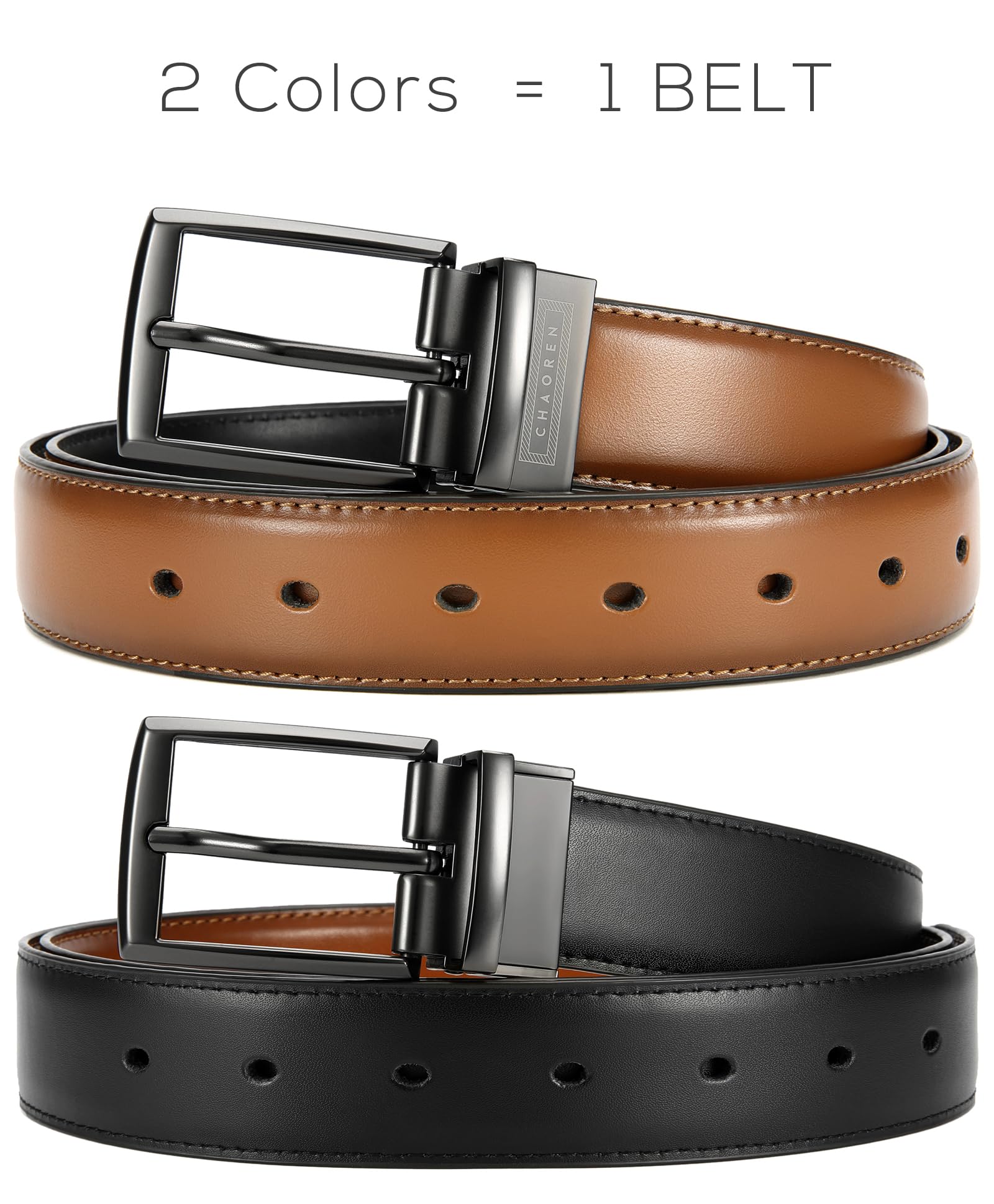 CHAOREN Boys Belt, Most Size Kids 1 1/4" Dress Reversible Belt for Youth - One Leather Belt Two Style