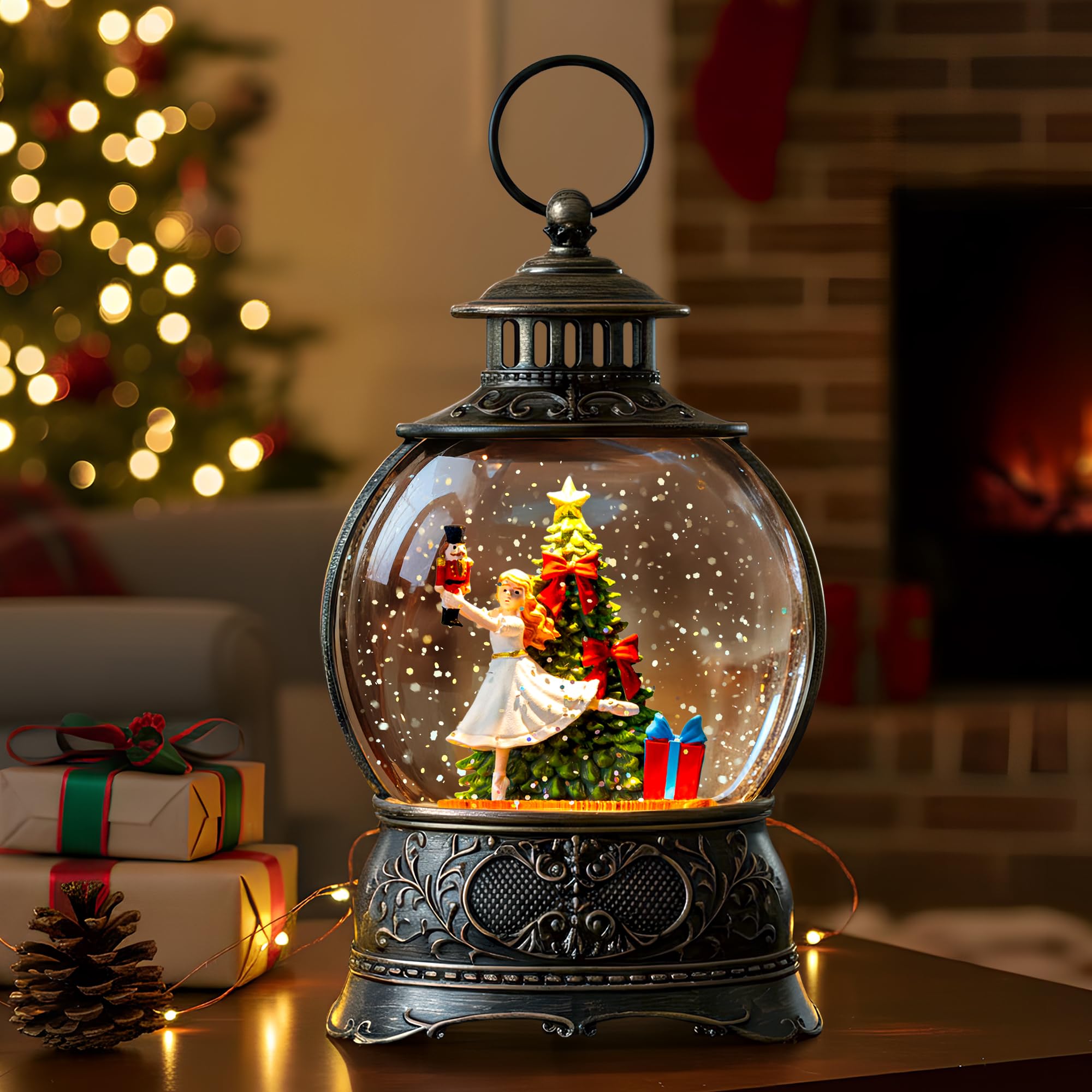 Fall Snow Globe Lantern with Autumn Turkey and Pumpkins Thanksgiving LED Decor for Home, Indoor Tabletop Centerpiece with Glitter Flakes, Harvest Light Decorations