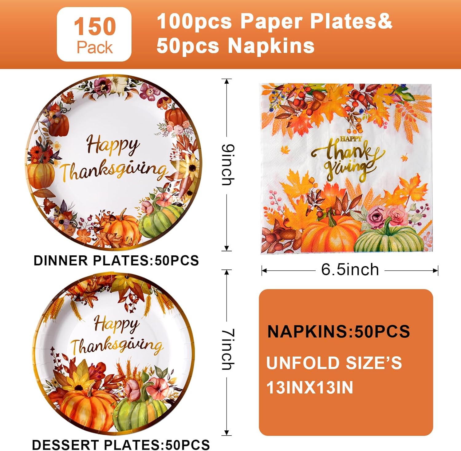 Dereinwo 150 Pcs Thanksgiving Paper Plates and Napkins Fall Pumpkin Autumn Party Plates Napkins Set Disposable Dinnerware Tableware for Thanksgiving Dinner Party, Serves 50