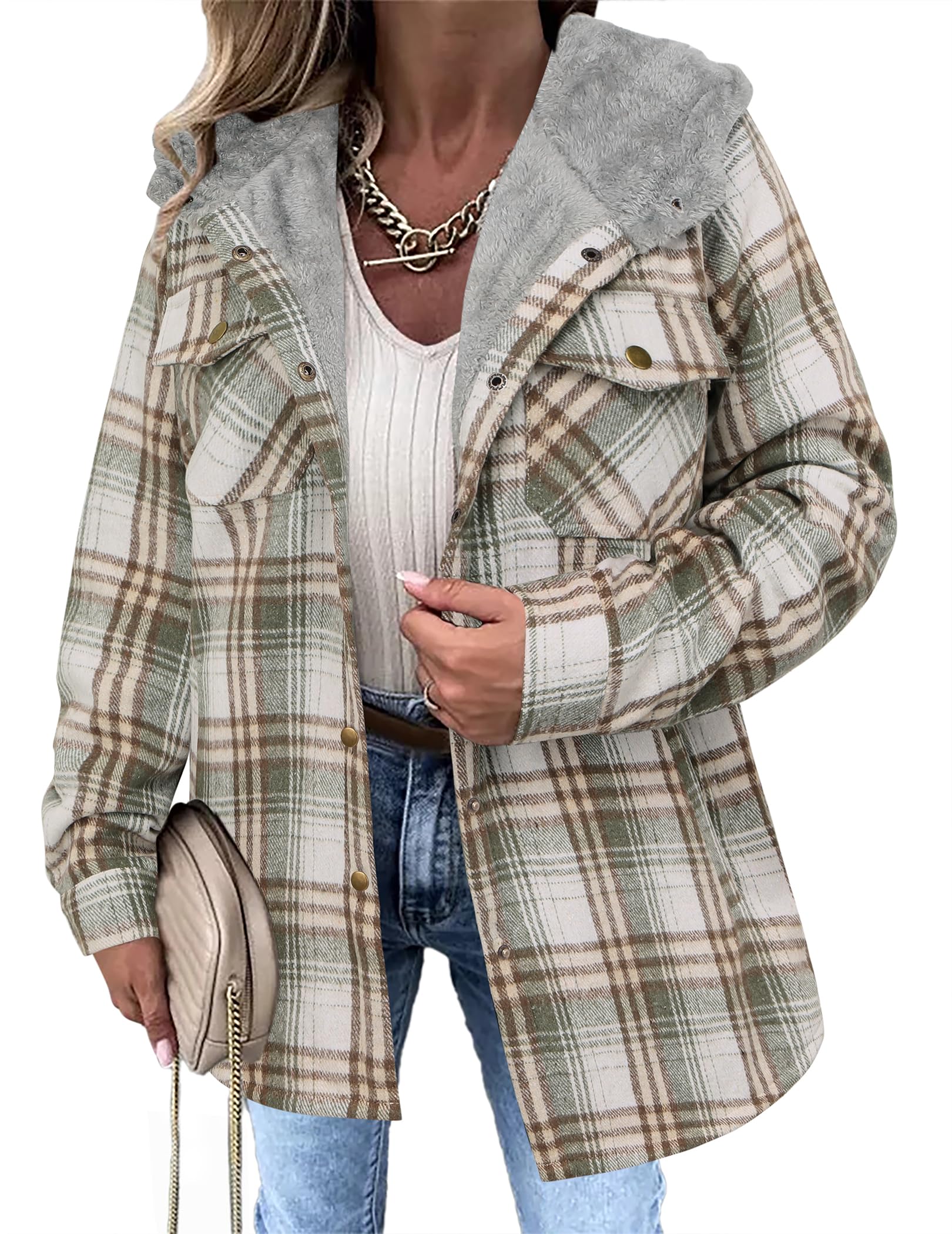 Zeagoo Womens Plaid Shacket Jacket Long Sleeve Fleece Hooded Jackets Fall Winter Warm Coat S-2XL