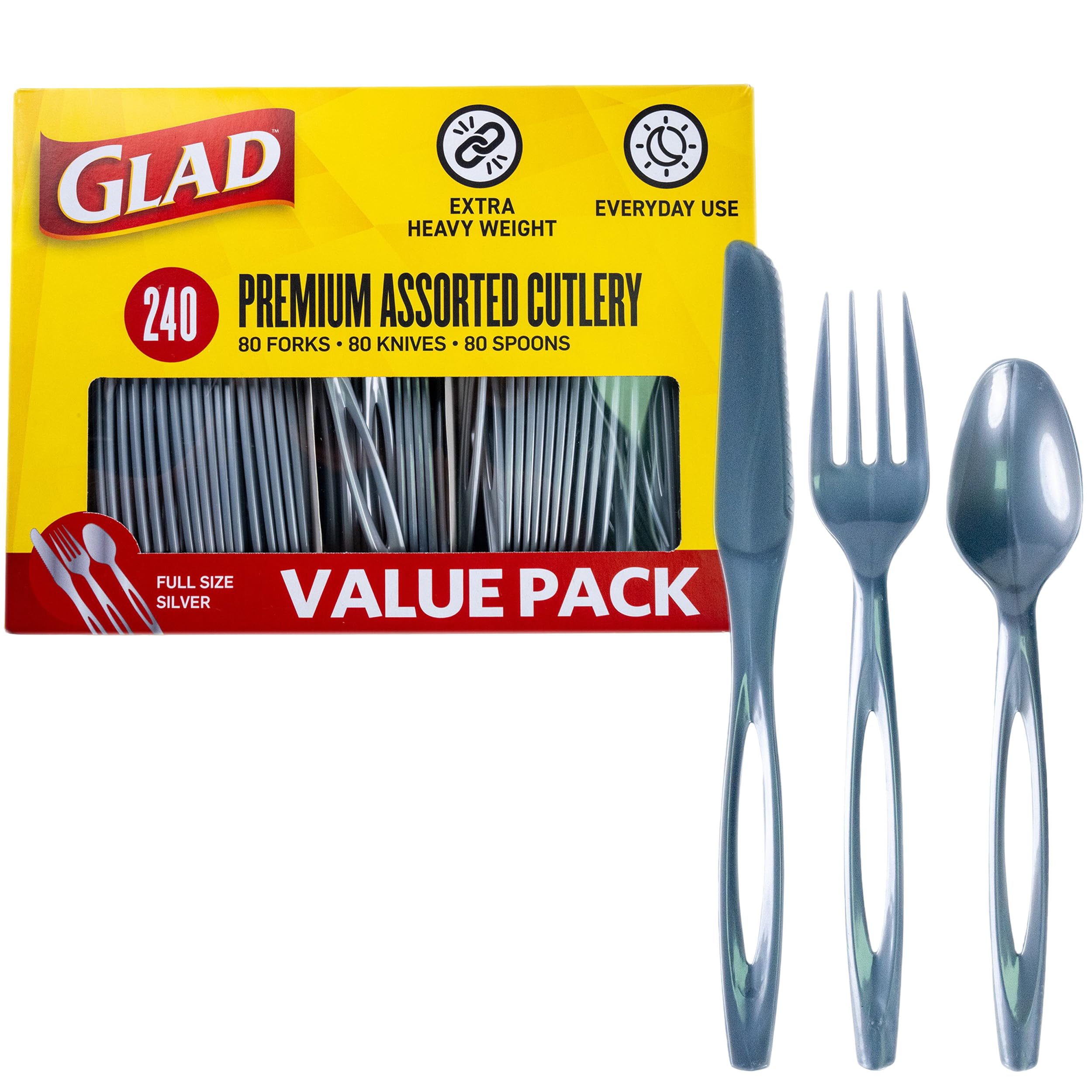 Glad Disposable Cutlery Set - Clear Heavy Duty Plastic Forks, Knives, and Spoons - 240 Piece Plasticware for Parties - Durable, Sturdy Recyclable Utensils - Great for July 4th, Thanksgiving, Christmas