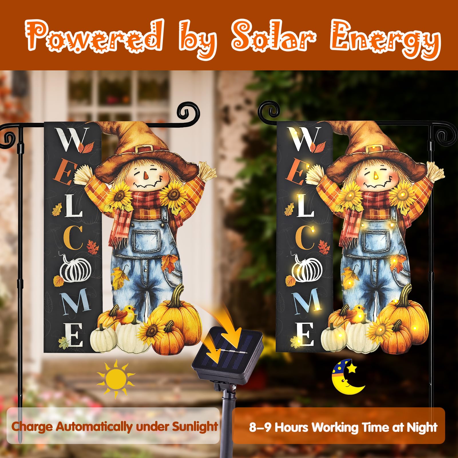 Halloween Lighted Garden Flag for Outside, Led Solar Yard Flag 8 Modes Witch Feet Shape Flag, 12x18 Double Sided Cauldron Eyeball Black Cat Decorations for Home Porch