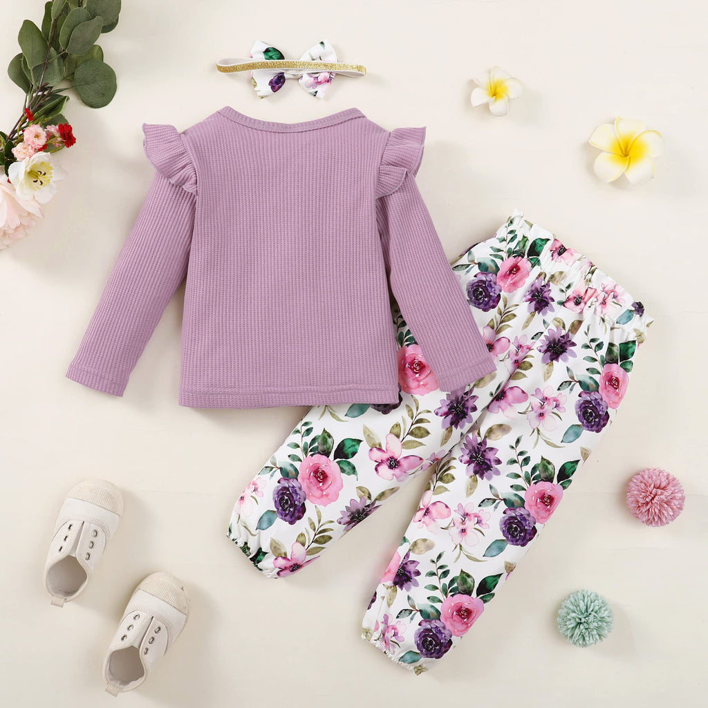YALLET 3Pcs Toddler Girl Clothes Solid Color Long Sleeves Ruffle Top+Floral Pants+Headband 1-6 Years Fall/Winter Outfits Set