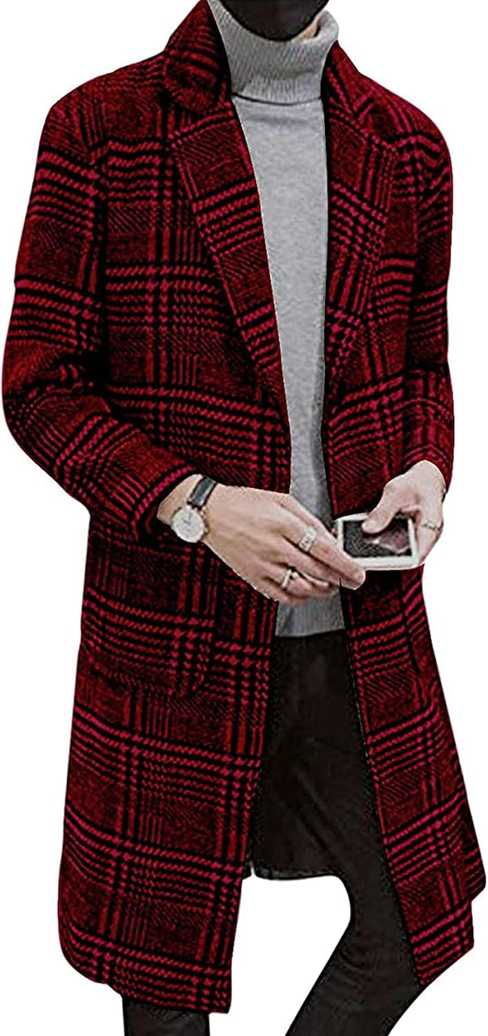 Springrain Men's Wool Blend Pea Coat Notched Collar Single Breasted Overcoat Warm Winter Trench Coat