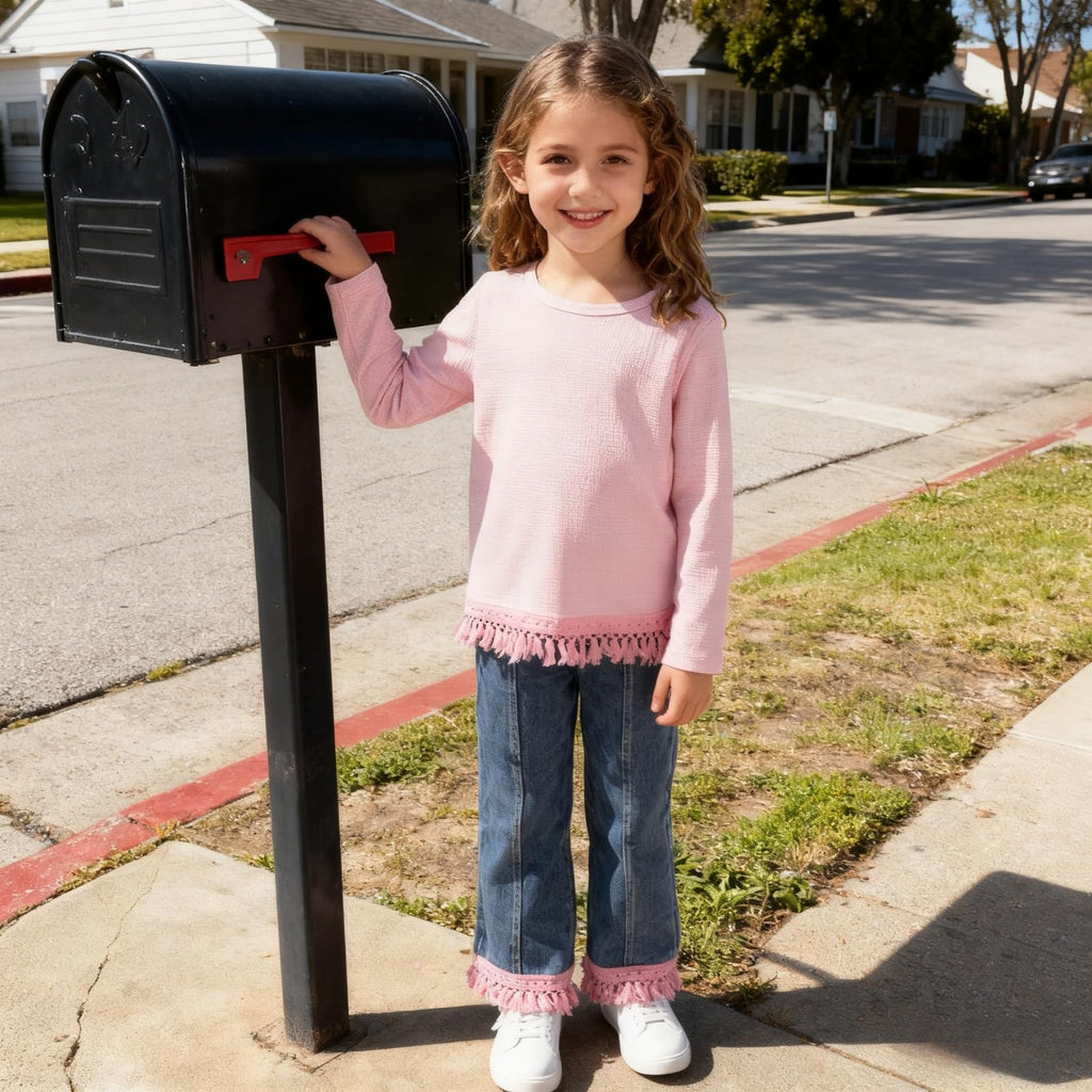 3-7 Years Toddler Girls Pants Set - Tassel Top & Washed Denim Pants Fall Winter Clothing Outfits Set for Girls
