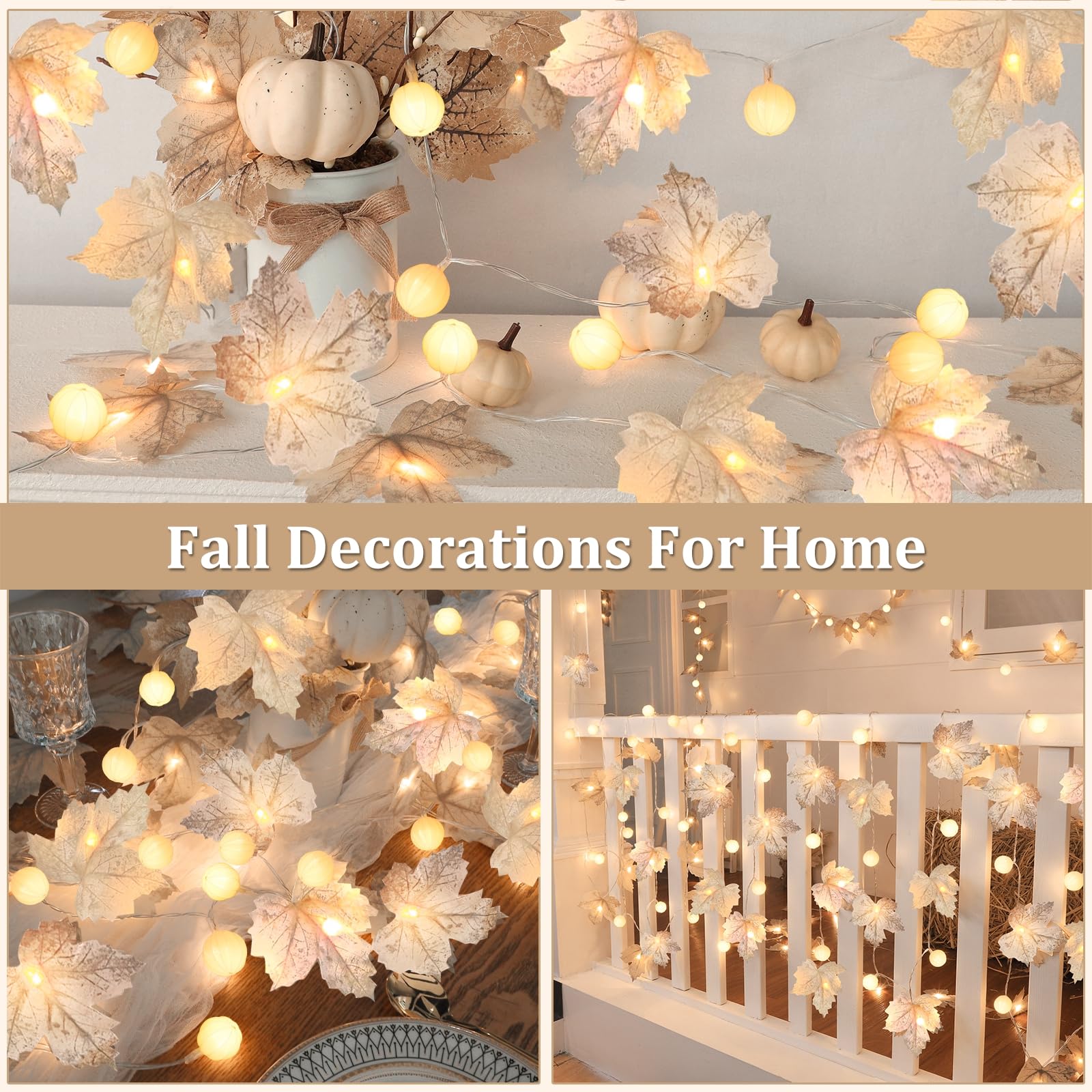 3 Pack Fall Garland with Pumpkin Lights & Enlarged Maple Fall Halloween String Lights Pumpkin Decor, 30Ft 60LED Waterproof Battery Operated Fall Decorations for Home Thanksgiving Decor Indoor Outdoor