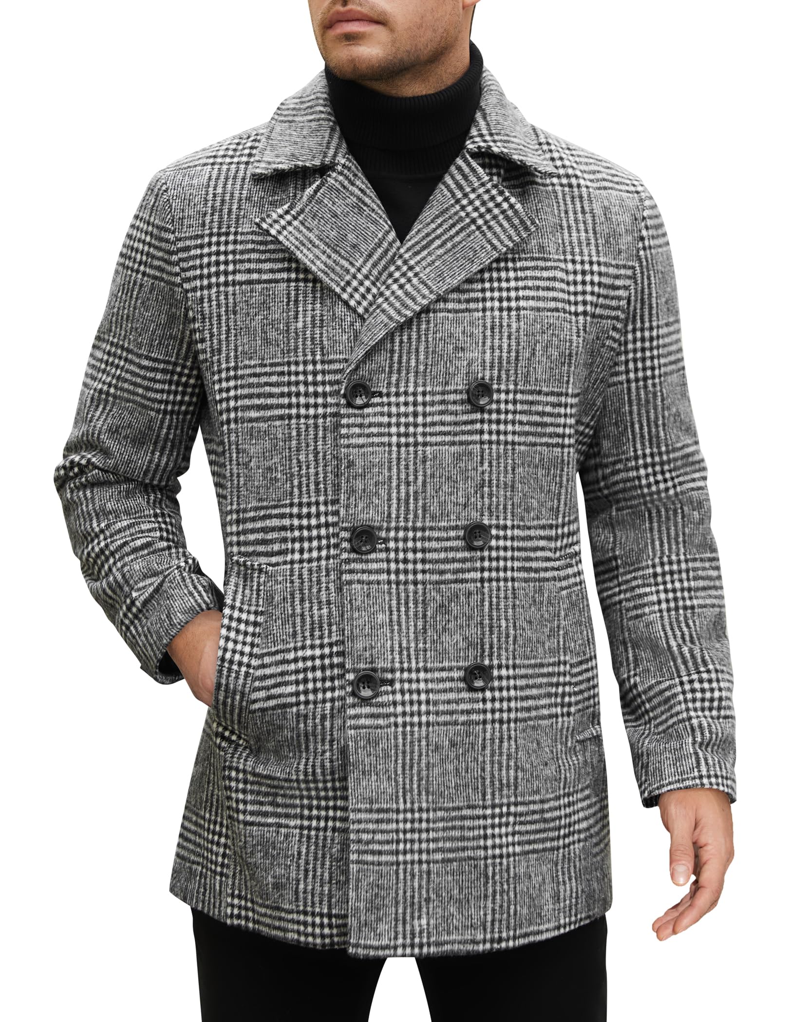COOFANDY Men's Double Breasted Pea Coat Winter Overcoat Short Trench Coat Notched Collar