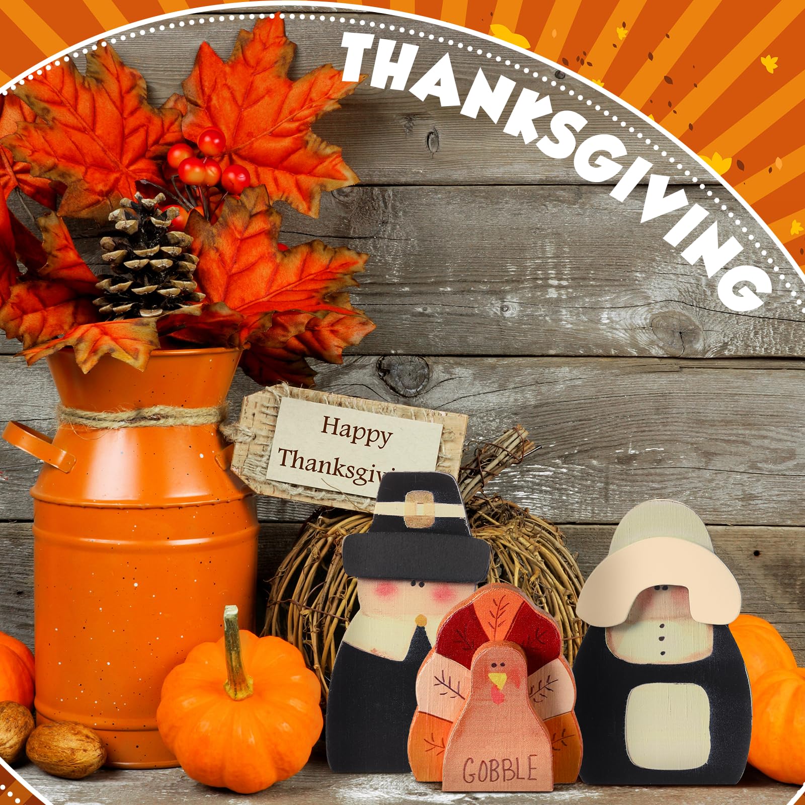3 Pcs Fall Thanksgiving Decorations Fall Wooden Turkey Pilgrim Couple Table Sign Thanksgiving Standing Tabletop Decor for Autumn Harvest Indoor Tabletop(Turkey)