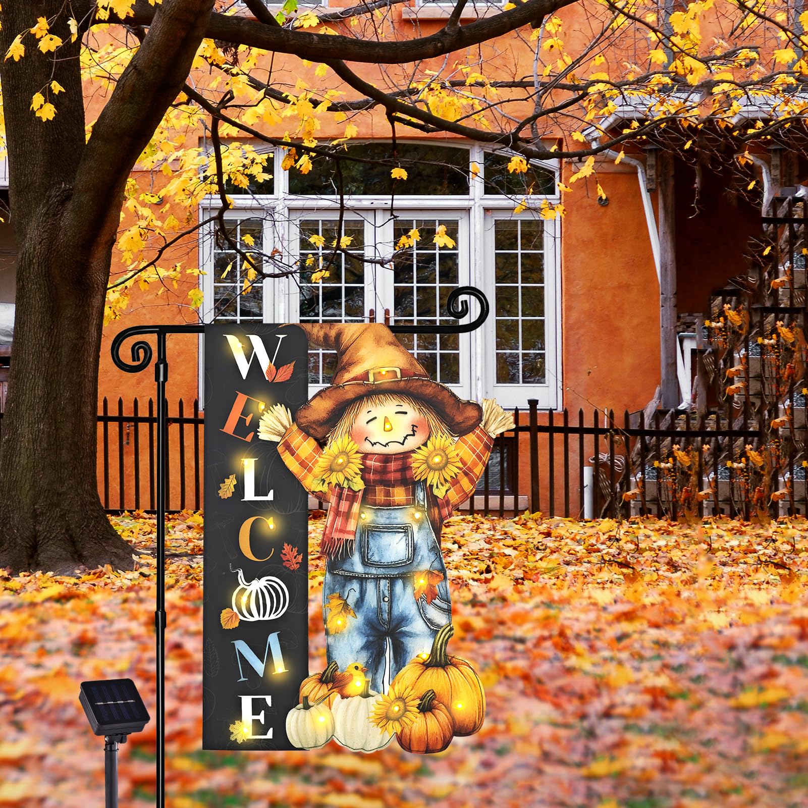 Halloween Lighted Garden Flag for Outside, Led Solar Yard Flag 8 Modes Witch Feet Shape Flag, 12x18 Double Sided Cauldron Eyeball Black Cat Decorations for Home Porch