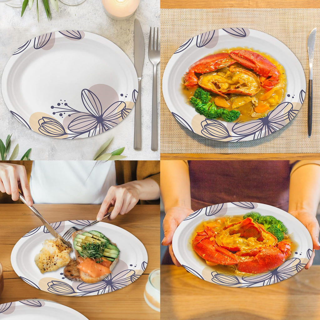 50 Pack Oval Thanksgiving Plates 12 x 10 Inch Thanksgiving Paper Plates Heavy Duty - Large Disposable Dinner Platters,Turkey Pumpkin Autumn Fall Harvest Thanksgiving Party Decor