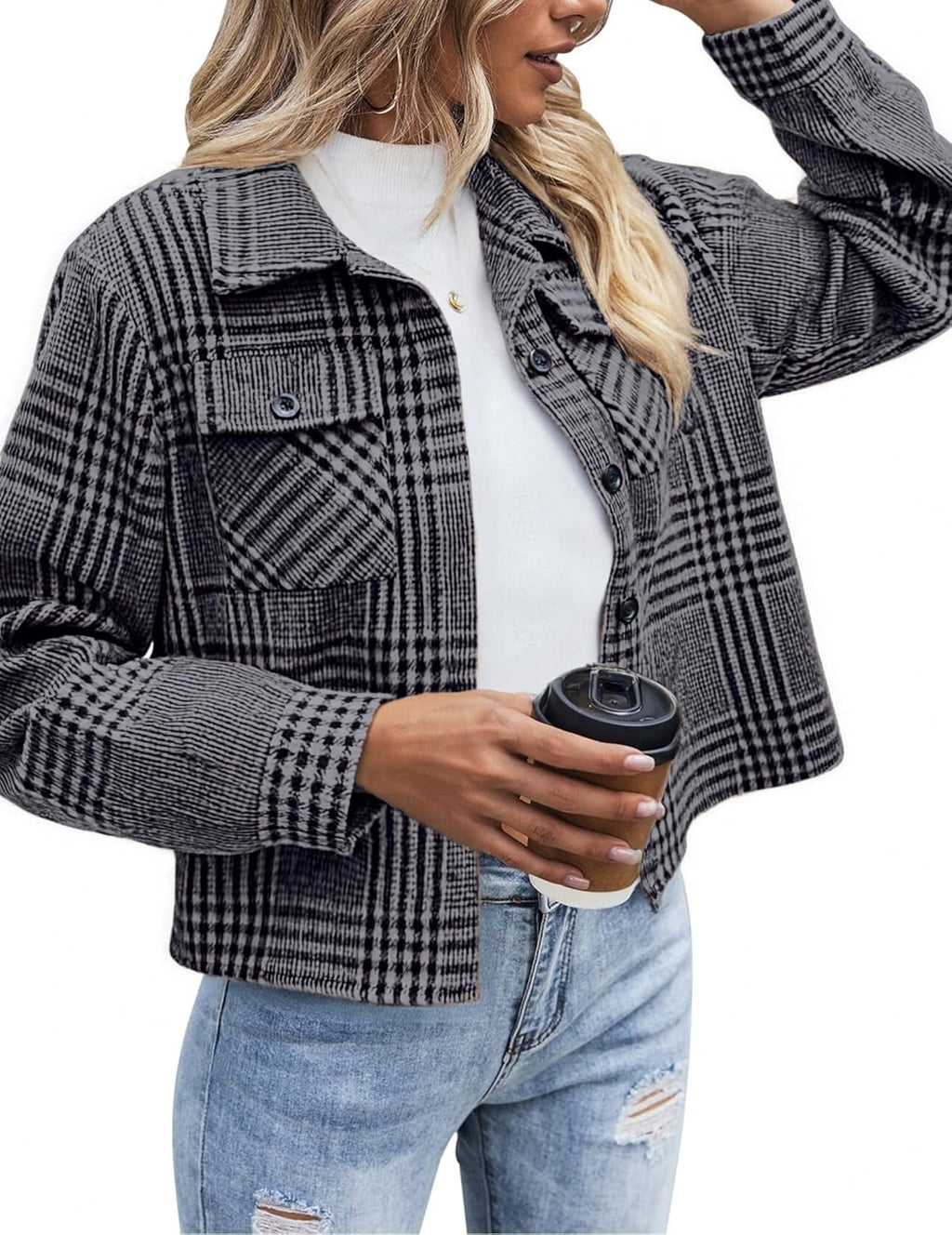 Zeagoo Flannels for Women Cropped Shacket Jacket Fashion Plaid Button Down Shirt 2025 Fall Coat Tops