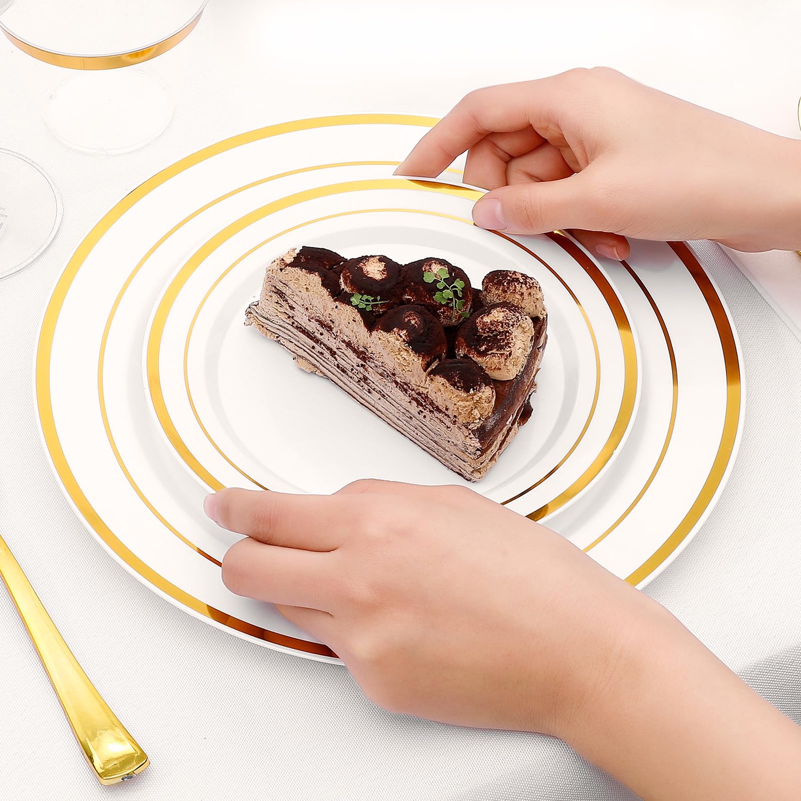 350-Piece Gold Rim Plastic Dinnerware Set for 50 Guests, Elegant Disposable Dinnerware for Party, Wedding. Includes Dinner Plates, Dessert Plates, Gold Silverware, Napkins, Cups
