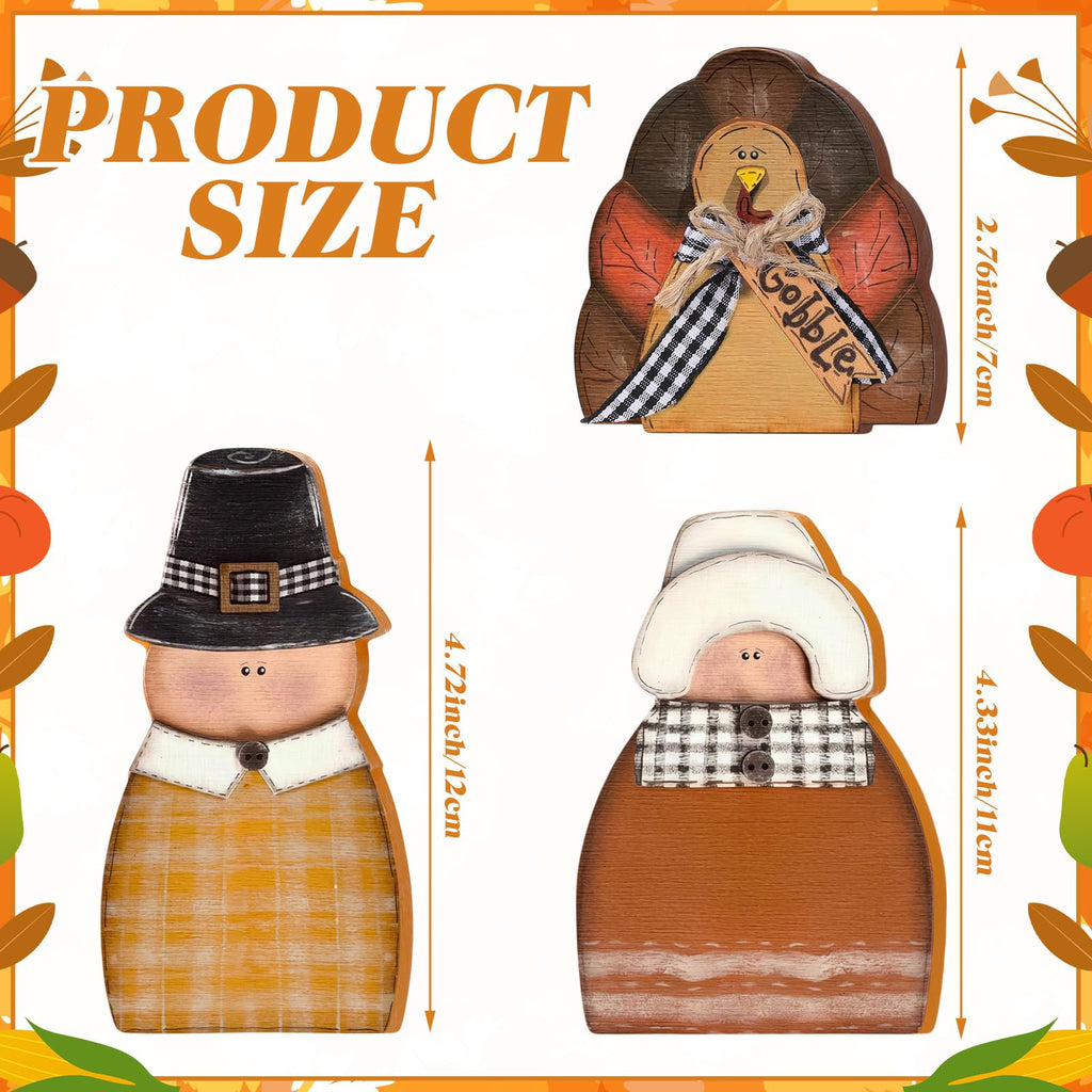 3 Pcs Fall Thanksgiving Decorations Fall Wooden Turkey Pilgrim Couple Table Sign Thanksgiving Standing Tabletop Decor for Autumn Harvest Indoor Tabletop(Turkey)