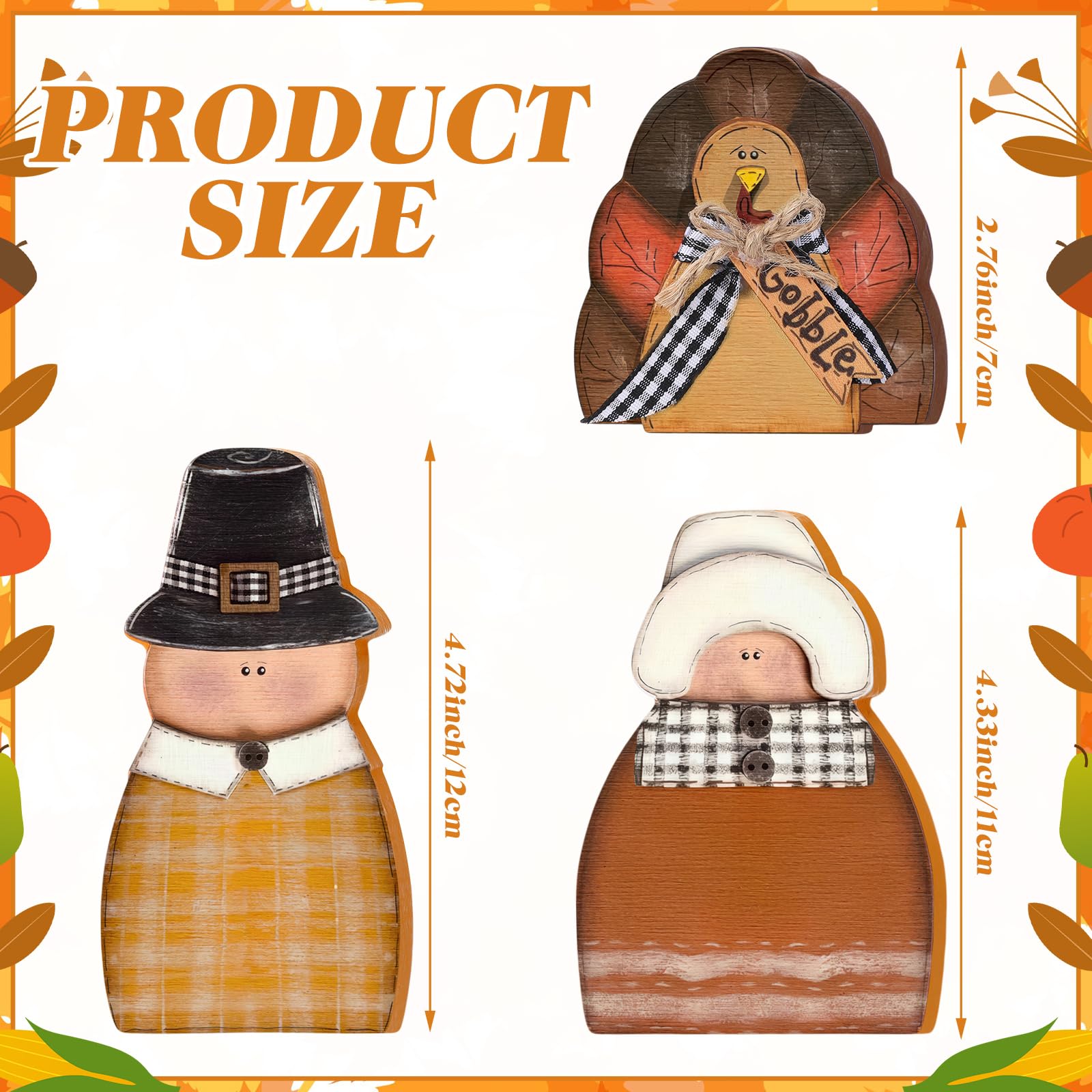3 Pcs Fall Thanksgiving Decorations Fall Wooden Turkey Pilgrim Couple Table Sign Thanksgiving Standing Tabletop Decor for Autumn Harvest Indoor Tabletop(Turkey)