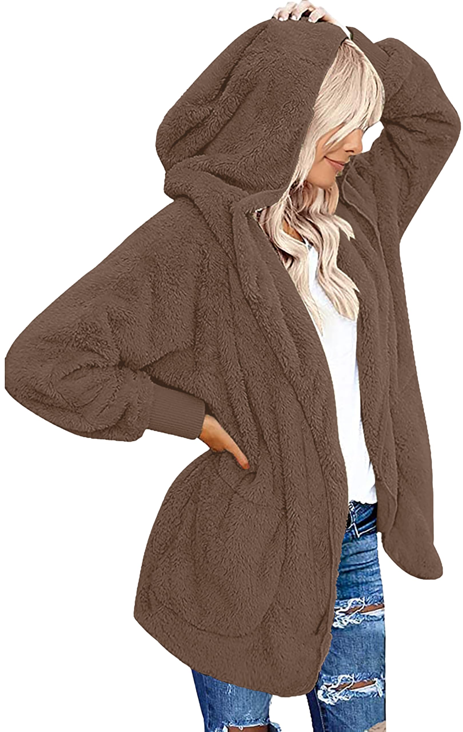 CHICGAL Womens Fuzzy Jacket Hooded Cardigan Open Front Sherpa Coat Outwear with Pockets