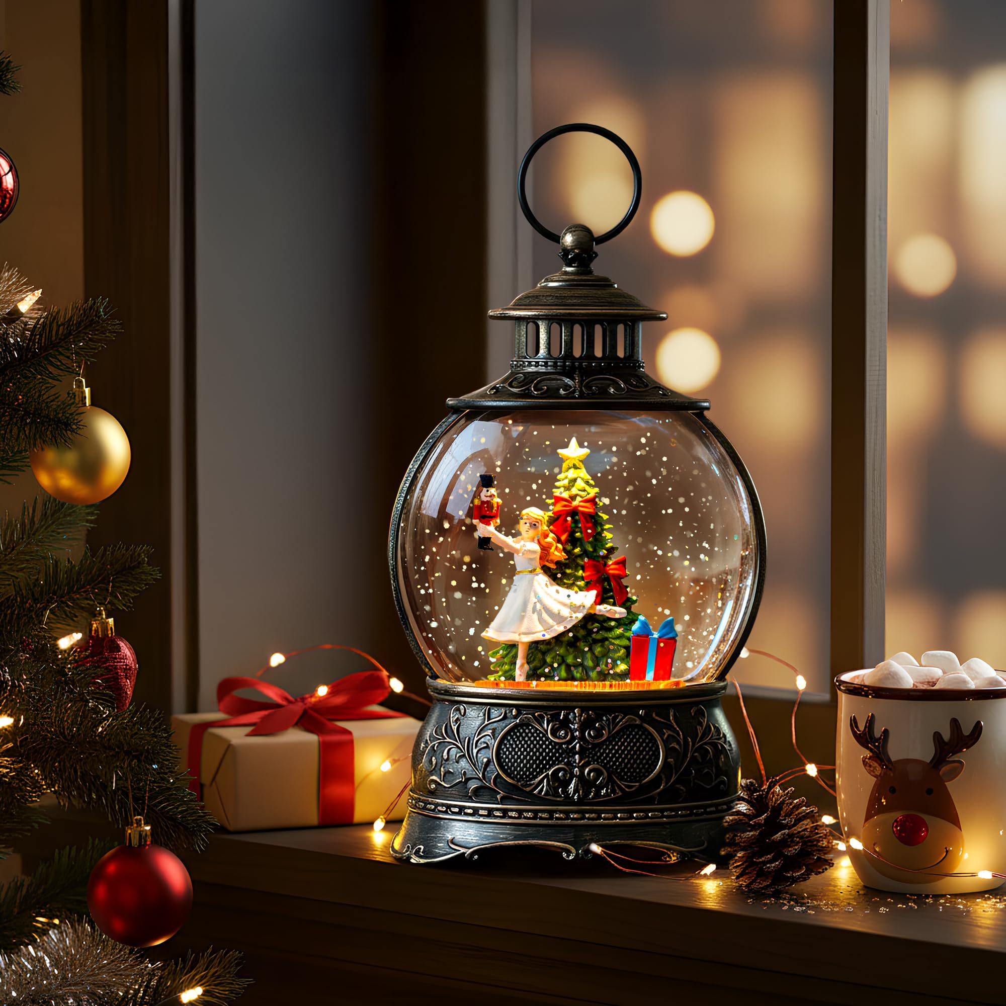 Fall Snow Globe Lantern with Autumn Turkey and Pumpkins Thanksgiving LED Decor for Home, Indoor Tabletop Centerpiece with Glitter Flakes, Harvest Light Decorations