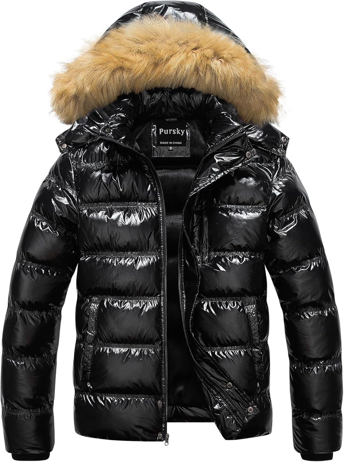 Pursky Men's Puffer Jacket Waterproof Winter Bubble Coats Ski Parka Fur Hooded