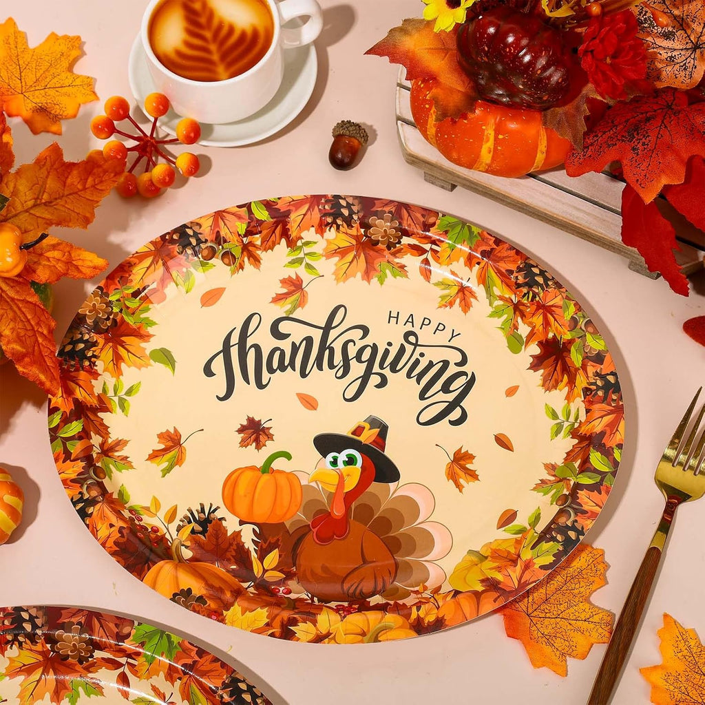 50Pcs Thanksgiving Oval Paper Plates Turkey Pumpkin Pattern Disposable Plates Large Decorative Tableware for Fall Autumn Harvest Party Decor Supplies