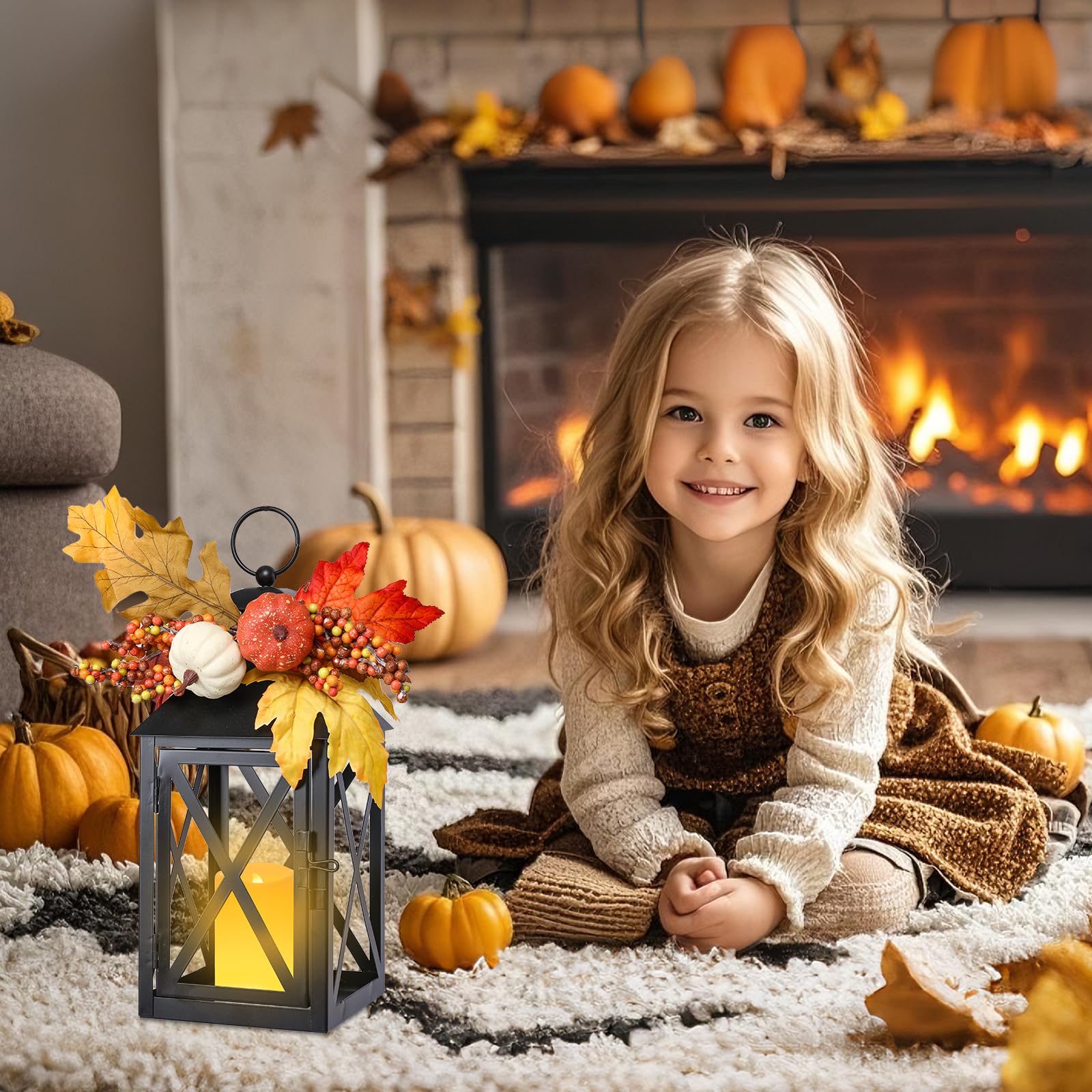 2 Pack Fall Lantern Decor with LED Candle – 12 Inch Harvest Pumpkin Maple Leaf Hanging Lantern for Autumn Thanksgiving Table Centerpiece Indoor Outdoor Decoration, Battery Operated