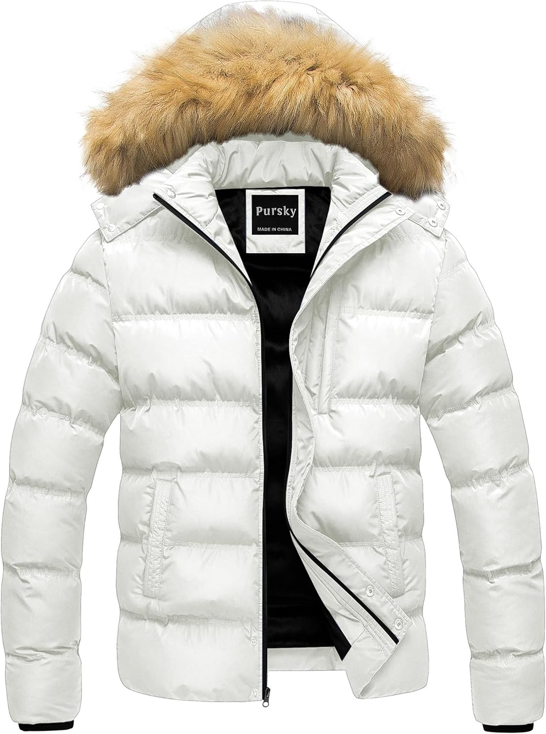 Pursky Men's Puffer Jacket Waterproof Winter Bubble Coats Ski Parka Fur Hooded