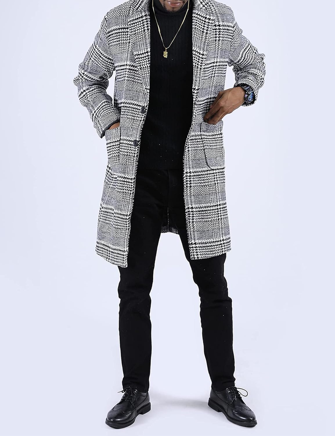 Springrain Men's Wool Blend Pea Coat Notched Collar Single Breasted Overcoat Warm Winter Trench Coat