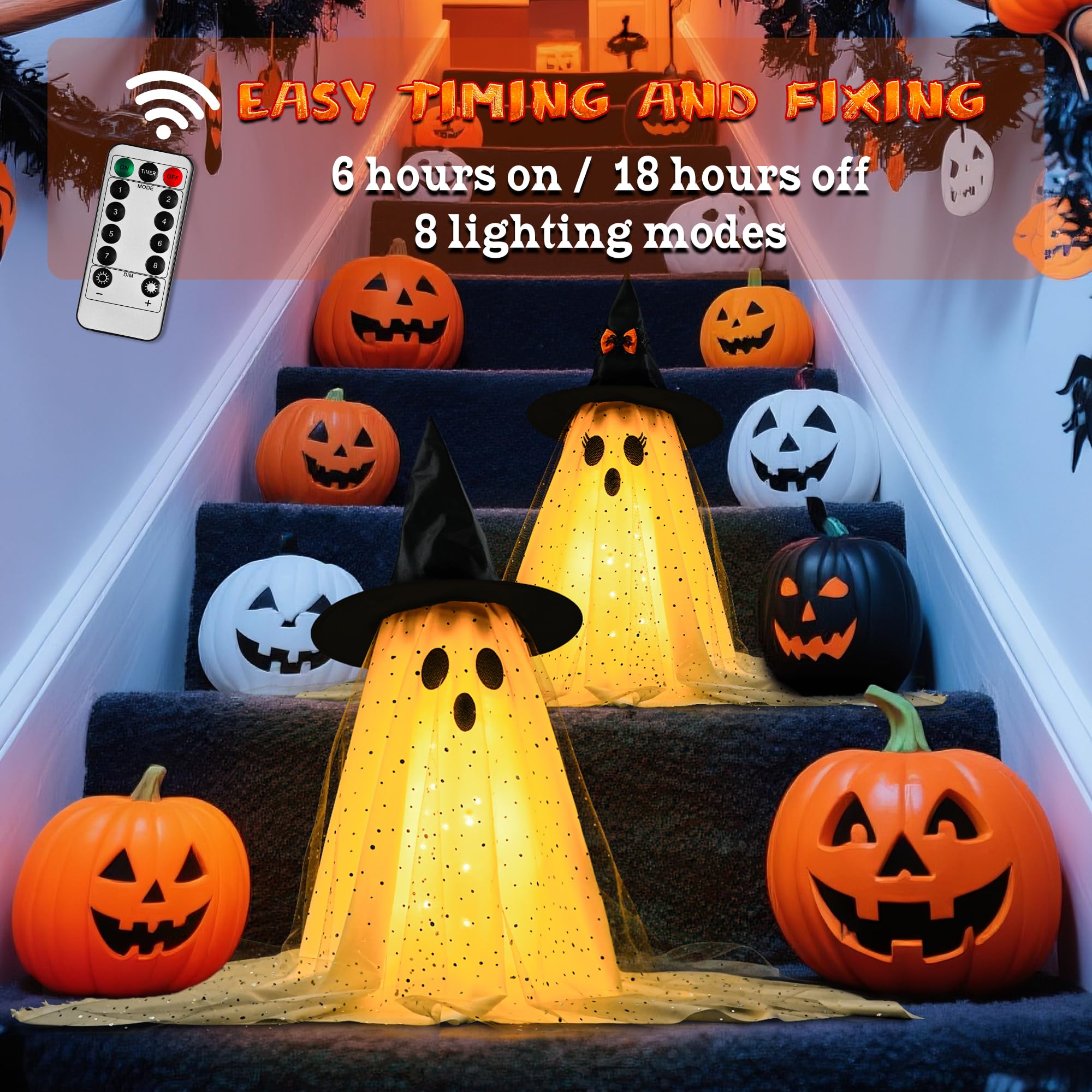 2Packs Halloween Decorations Outdoor,Halloweens Party Decoration Indoor,Spooky Ghost with Remote Control String Lights,Halloween-Ghost Lights for Porches Yards Gardens Lawn
