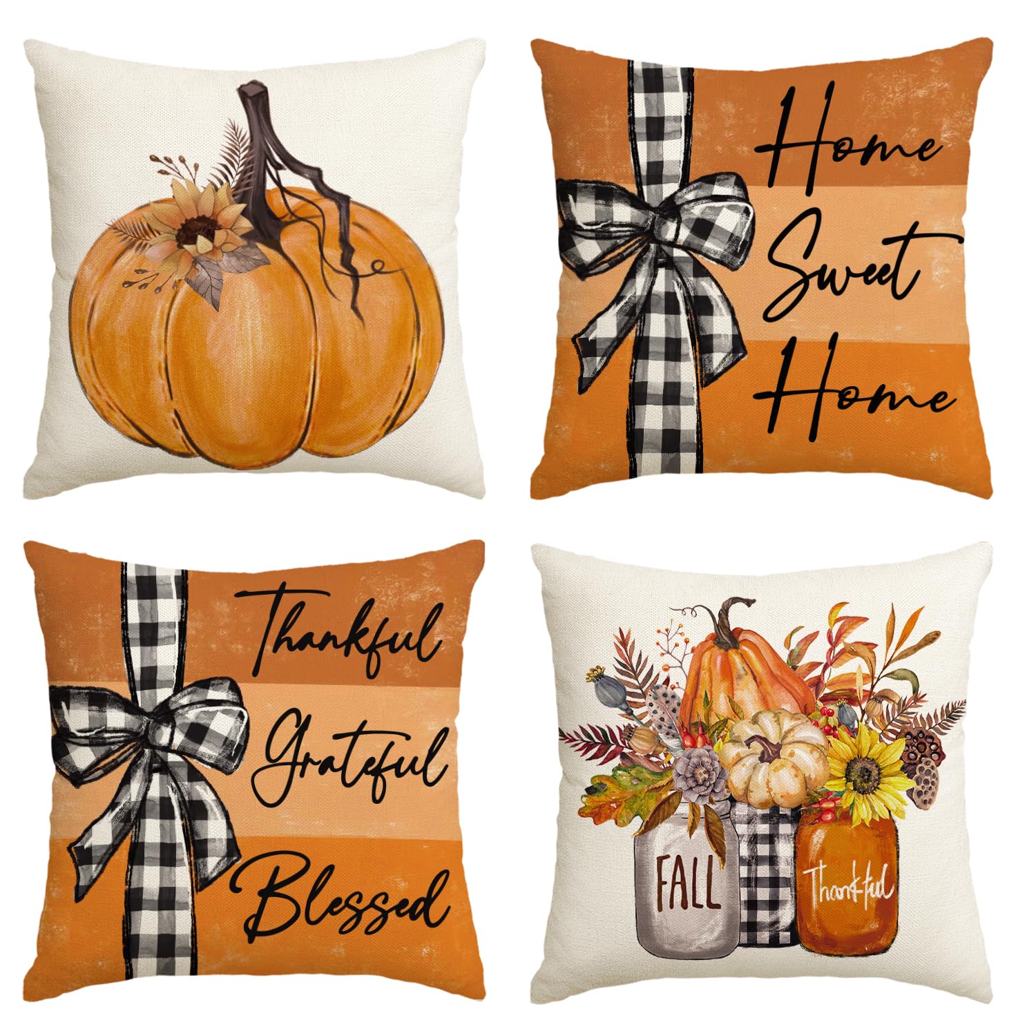 AVOIN colorlife Fall Pumpkin Home Sweet Home Throw Pillow Covers, 18 x 18 Inch Autumn Thankful Grateful Blessed Harvest Floral Decorations for Sofa Couch Set of 4