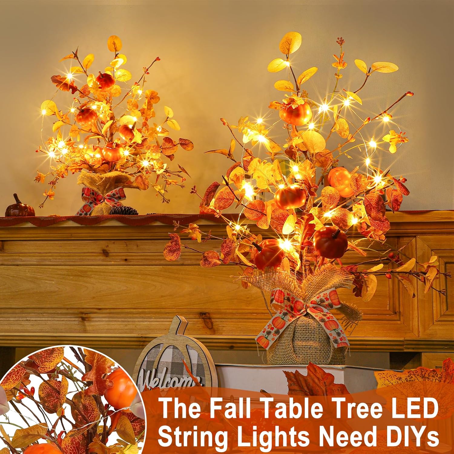 2 Pack & Timer - TURNMEON Lighted Fall Tree Tabletop Fall Decor with 30 LED Battery Operated Artificial Eucalyptus Tree Pumpkins Floral Berries Burlap Base Fall Thanksgiving Decorations Home Indoor