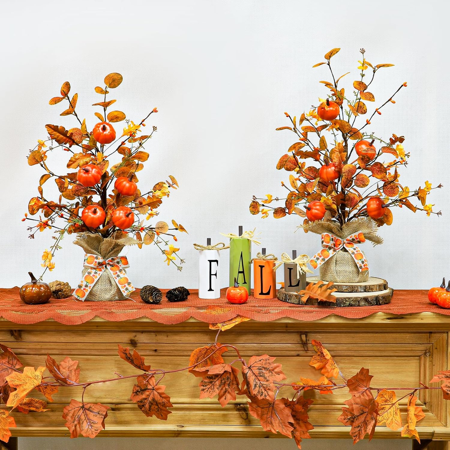 2 Pack & Timer - TURNMEON Lighted Fall Tree Tabletop Fall Decor with 30 LED Battery Operated Artificial Eucalyptus Tree Pumpkins Floral Berries Burlap Base Fall Thanksgiving Decorations Home Indoor