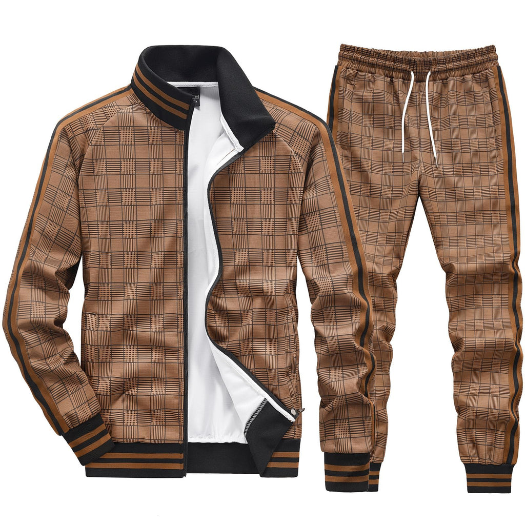 Men Tracksuits Full-zip Long Sleeve Plaid Track Jackets and Pants 2 Piece