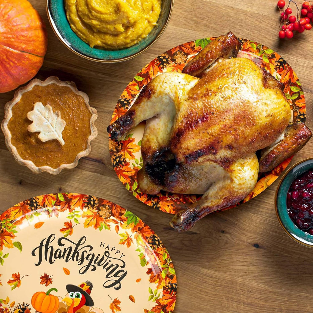 50Pcs Thanksgiving Oval Paper Plates Turkey Pumpkin Pattern Disposable Plates Large Decorative Tableware for Fall Autumn Harvest Party Decor Supplies