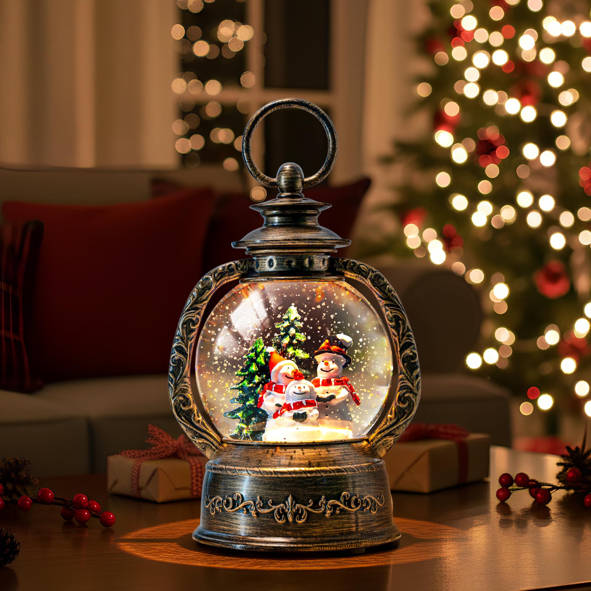 Fall Snow Globe Lantern with Autumn Turkey and Pumpkins Thanksgiving LED Decor for Home, Indoor Tabletop Centerpiece with Glitter Flakes, Harvest Light Decorations