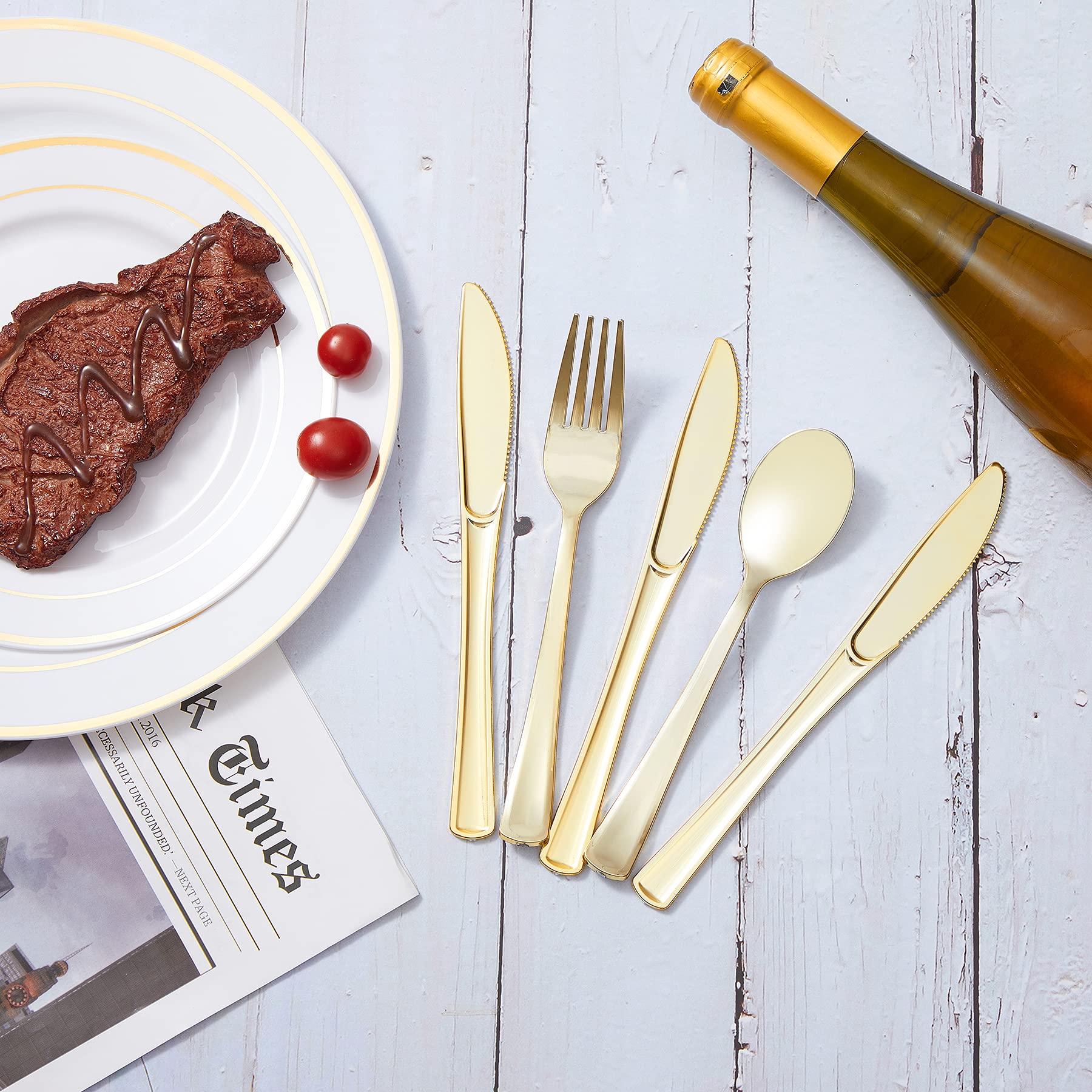 N9R 300PCS Gold Plastic Silverware, Heavy Duty Gold Plastic Cutlery Set Disposable Flatware Dinnerware, 100 Forks, 100 Spoons, 100 Knives, Perfect for Party, Wedding and Daily Use