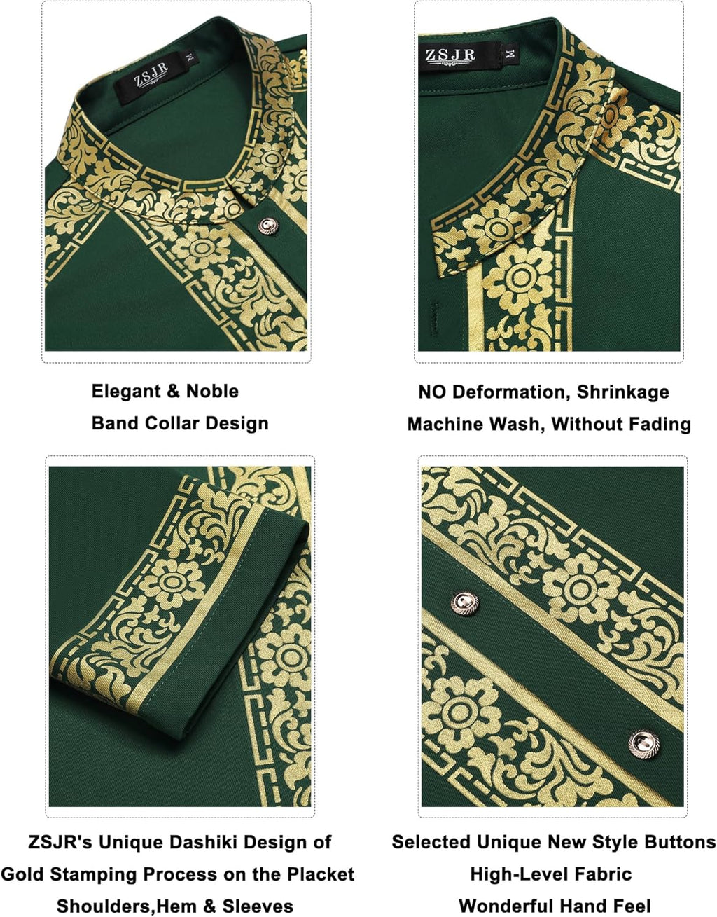 Mens African 2 Piece Set Nigerian Dashiki Metallic Traditional Suit Gold Stamp Printed Shirt and Pants Outfit