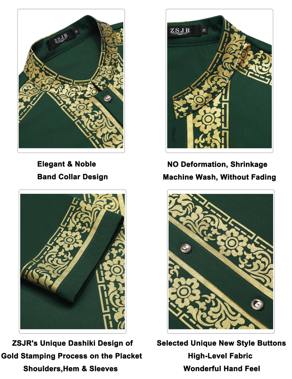Mens African 2 Piece Set Nigerian Dashiki Metallic Traditional Suit Gold Stamp Printed Shirt and Pants Outfit