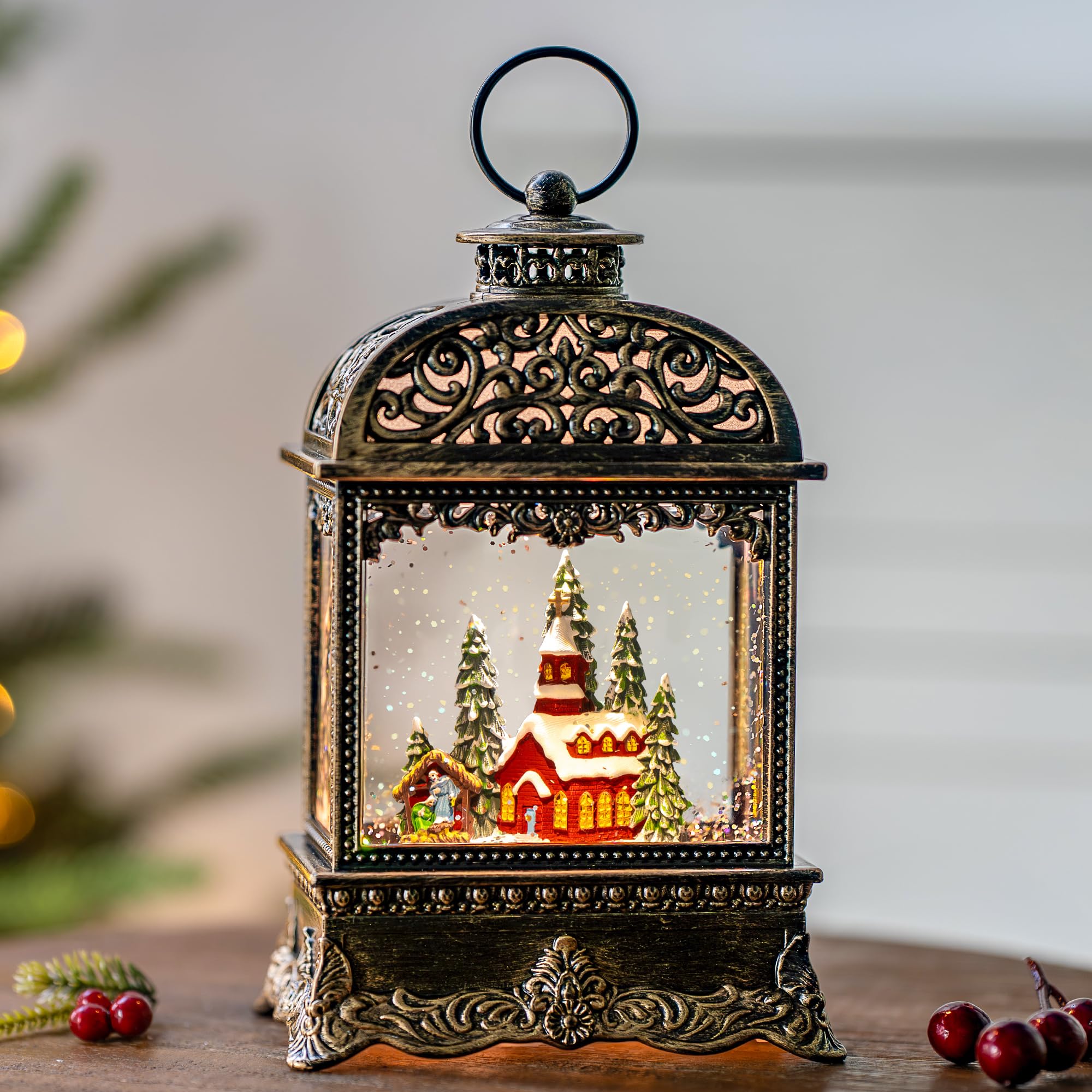 Fall Snow Globe Lantern with Autumn Turkey and Pumpkins Thanksgiving LED Decor for Home, Indoor Tabletop Centerpiece with Glitter Flakes, Harvest Light Decorations