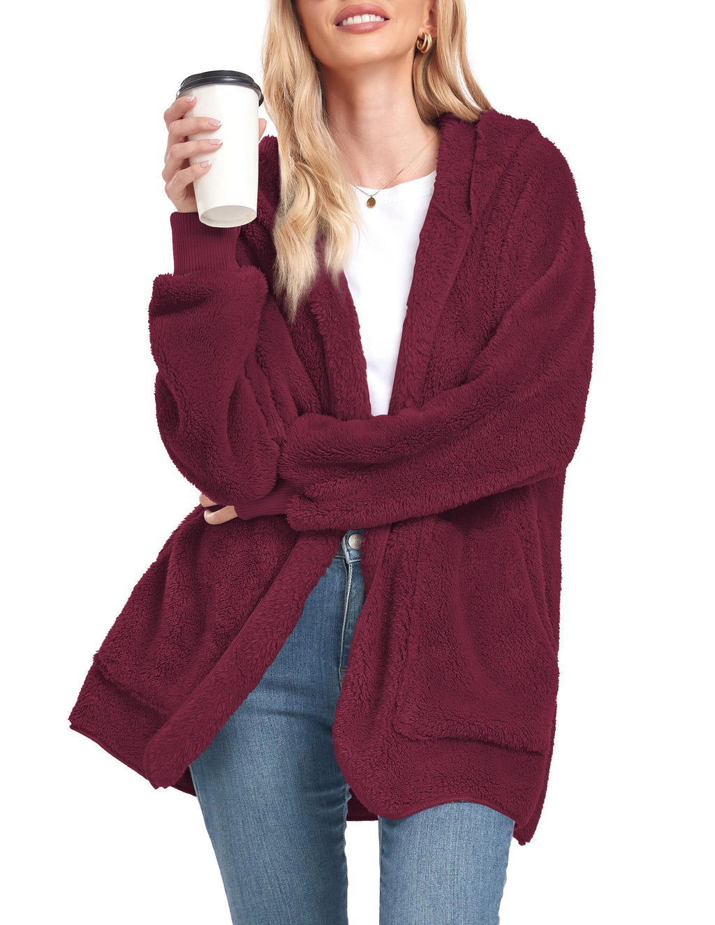 CHICGAL Womens Fuzzy Jacket Hooded Cardigan Open Front Sherpa Coat Outwear with Pockets