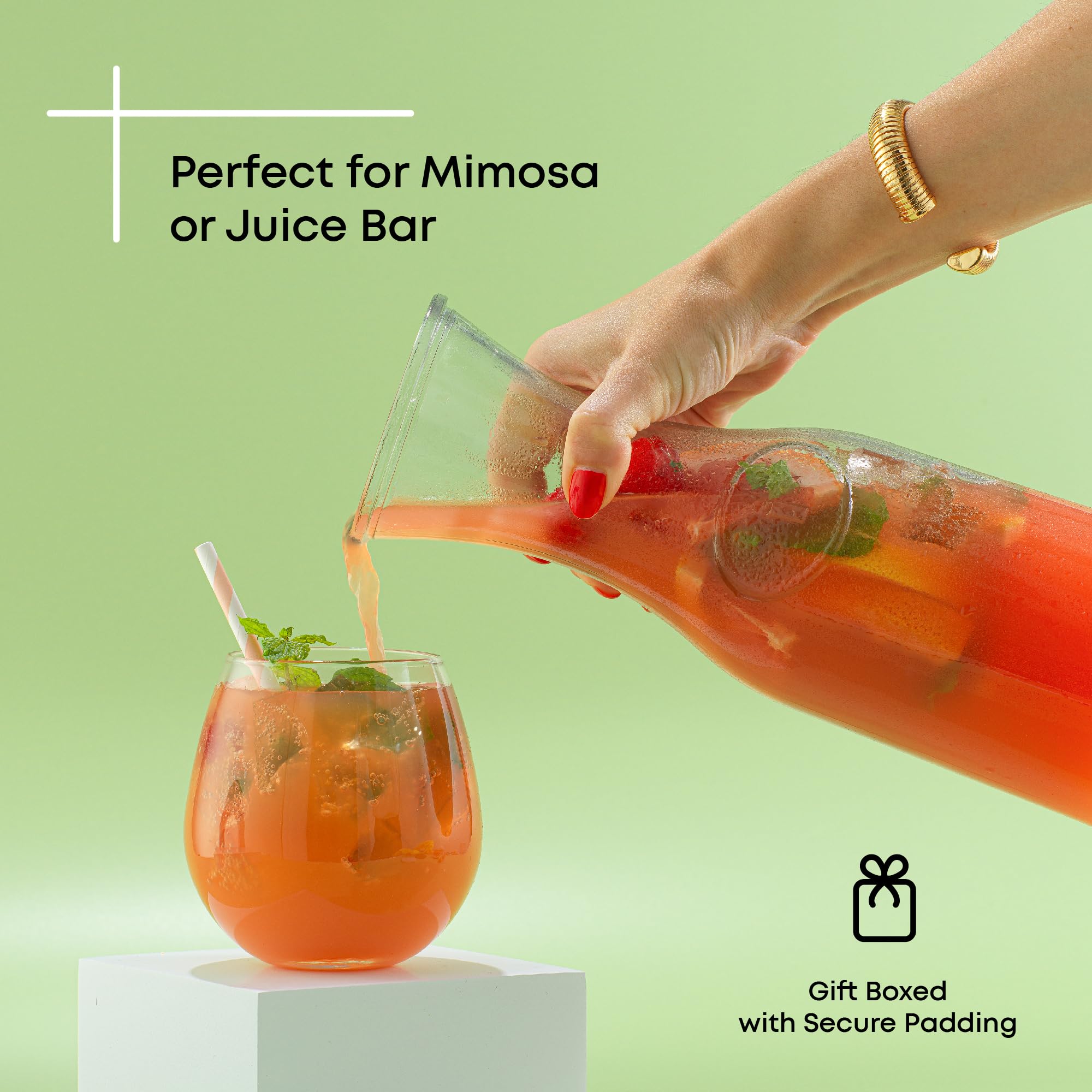 JoyJolt Glass Carafe with Lid, Set of 3 – 1 Liter Glass Pitcher for Mimosa Bar, Water, Iced Tea, Juice, Wine, Lemonade, Milk – Dishwasher Safe Beverage Drink Dispensers for Brunch, Parties